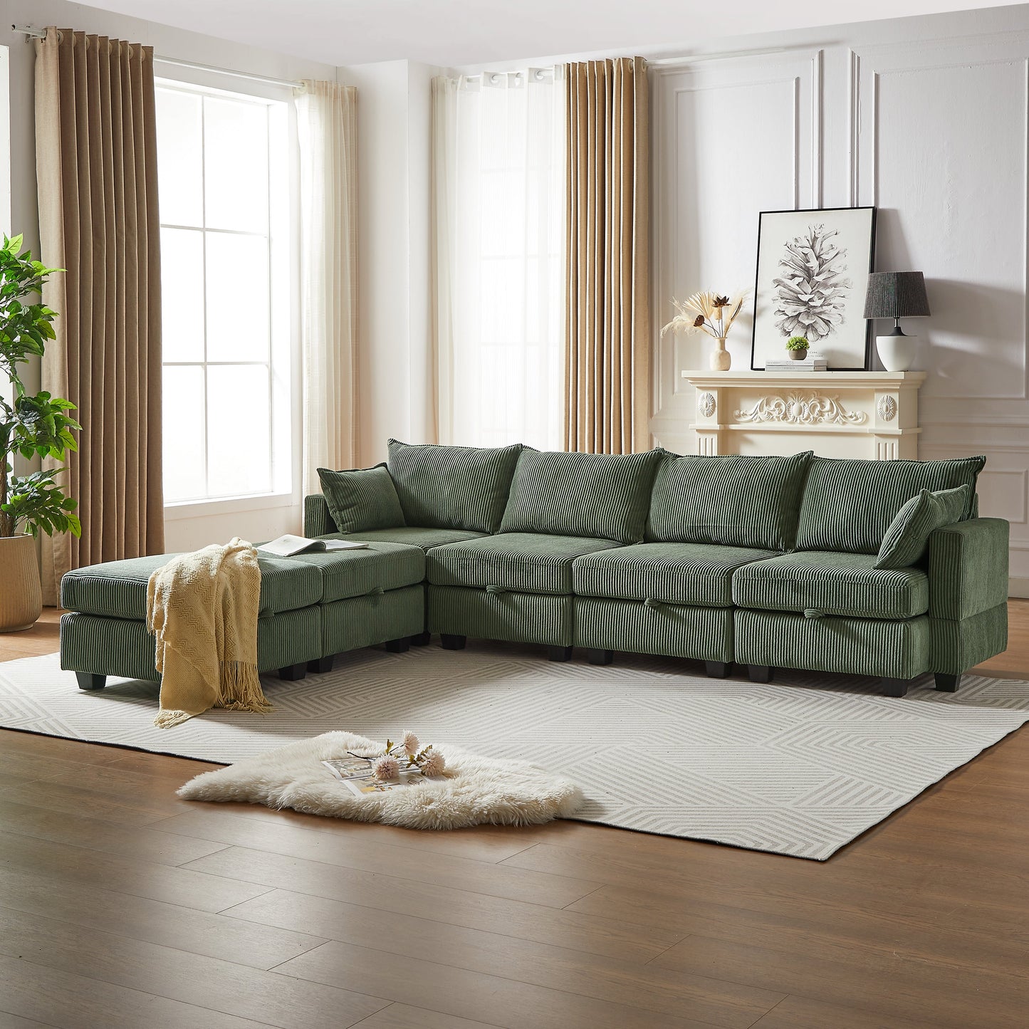 NEW 113.5'' Modular Sectional Corduroy U Shaped Sofa Couch with Storage Ottoman 6 Seat Convertible Sections and Chaise
