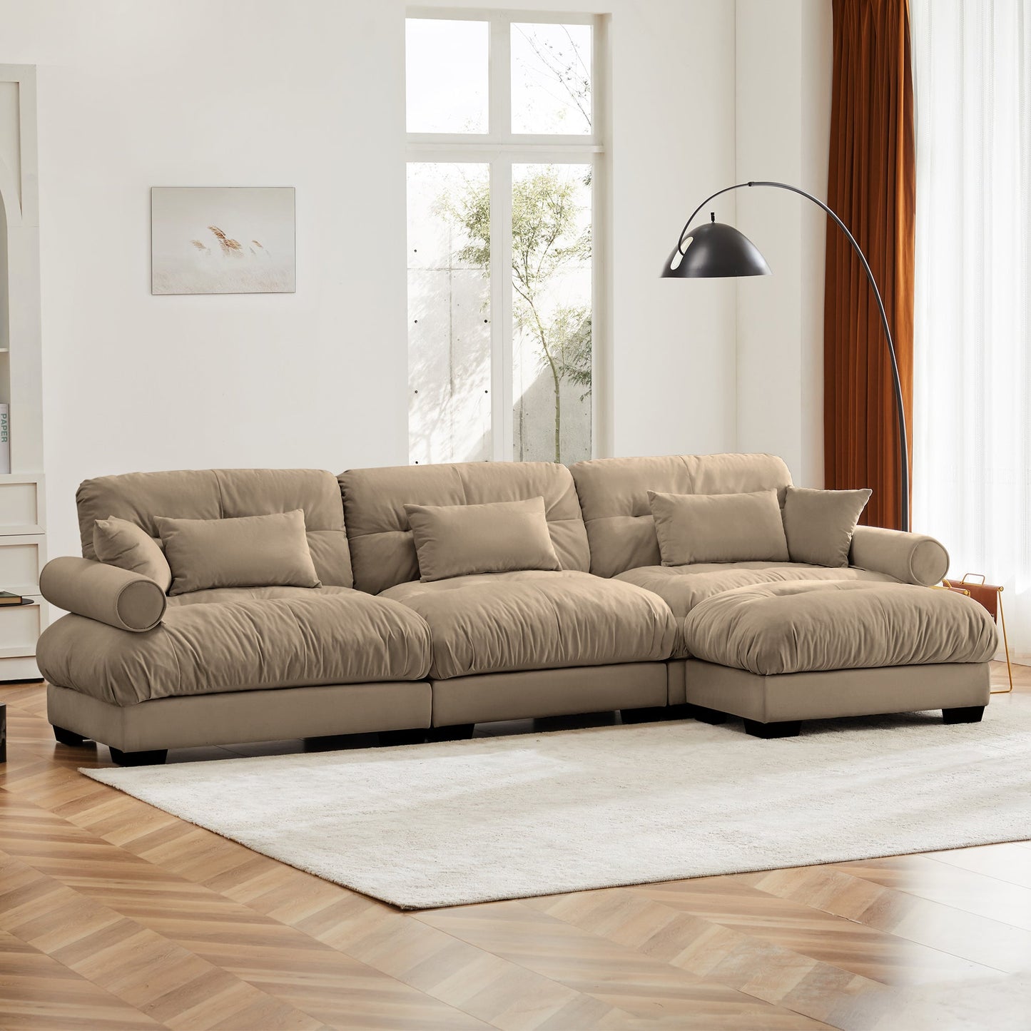 NEW Super Comfort Oversized Modular Camel Velvet Convertible L Shaped Couch Sectional Sofa with Movable Ottoman