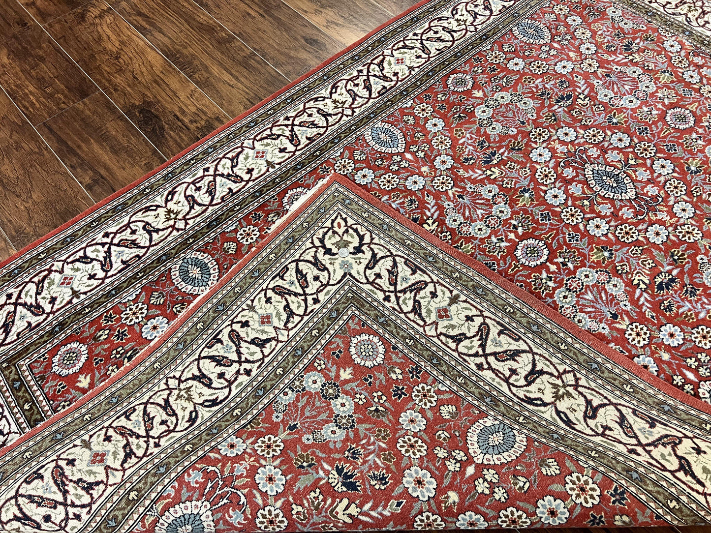 USED Red Persian Qum Rug 5 x 7.6, Hand Knotted Vintage Wool Fine Carpet 270 KPSI, Floral Allover