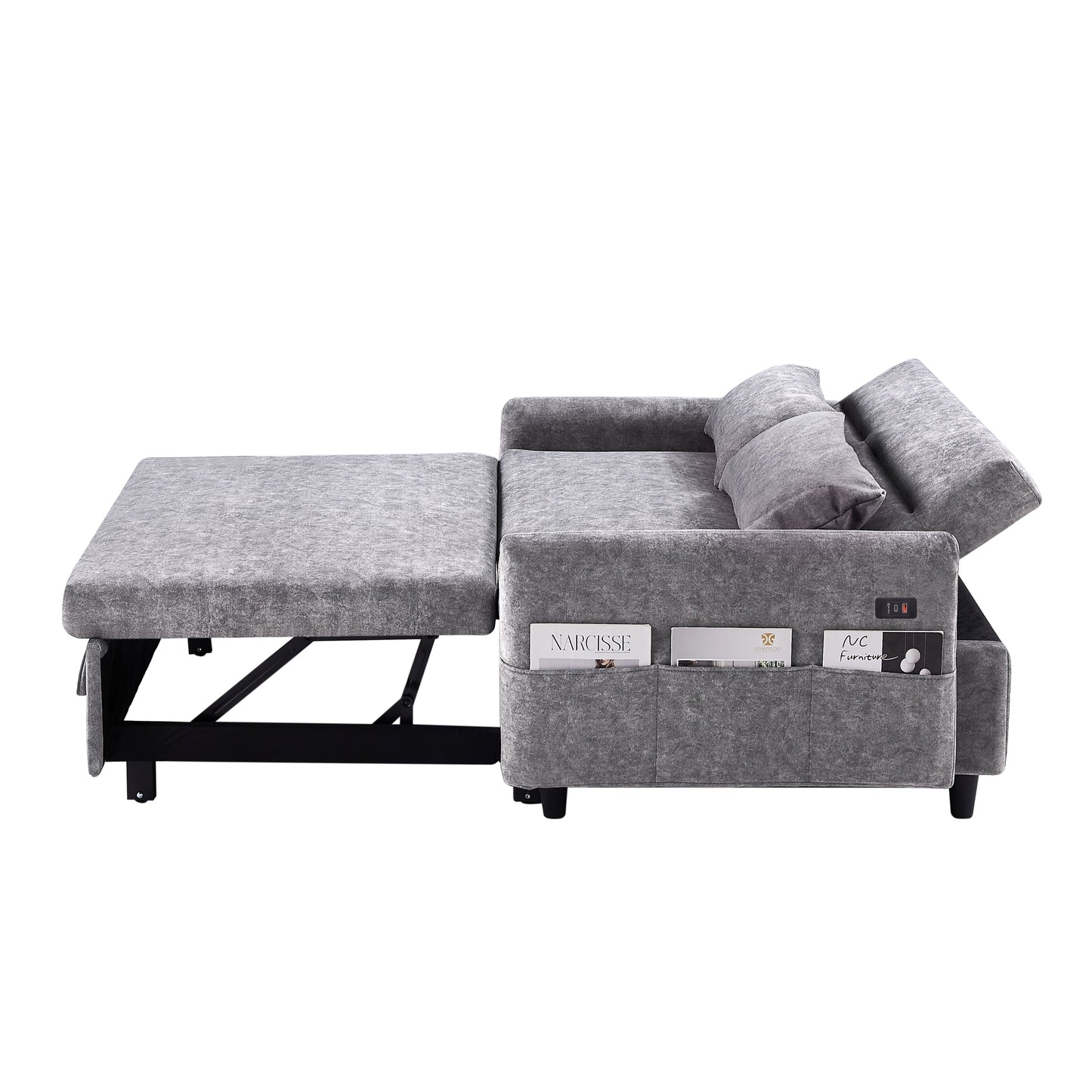 NEW Contemporary Grey Pull Out Sleep Sofa Bed Loveseat with Adjustable Backrest Storage Pockets USB Ports and 2 Soft Pillows