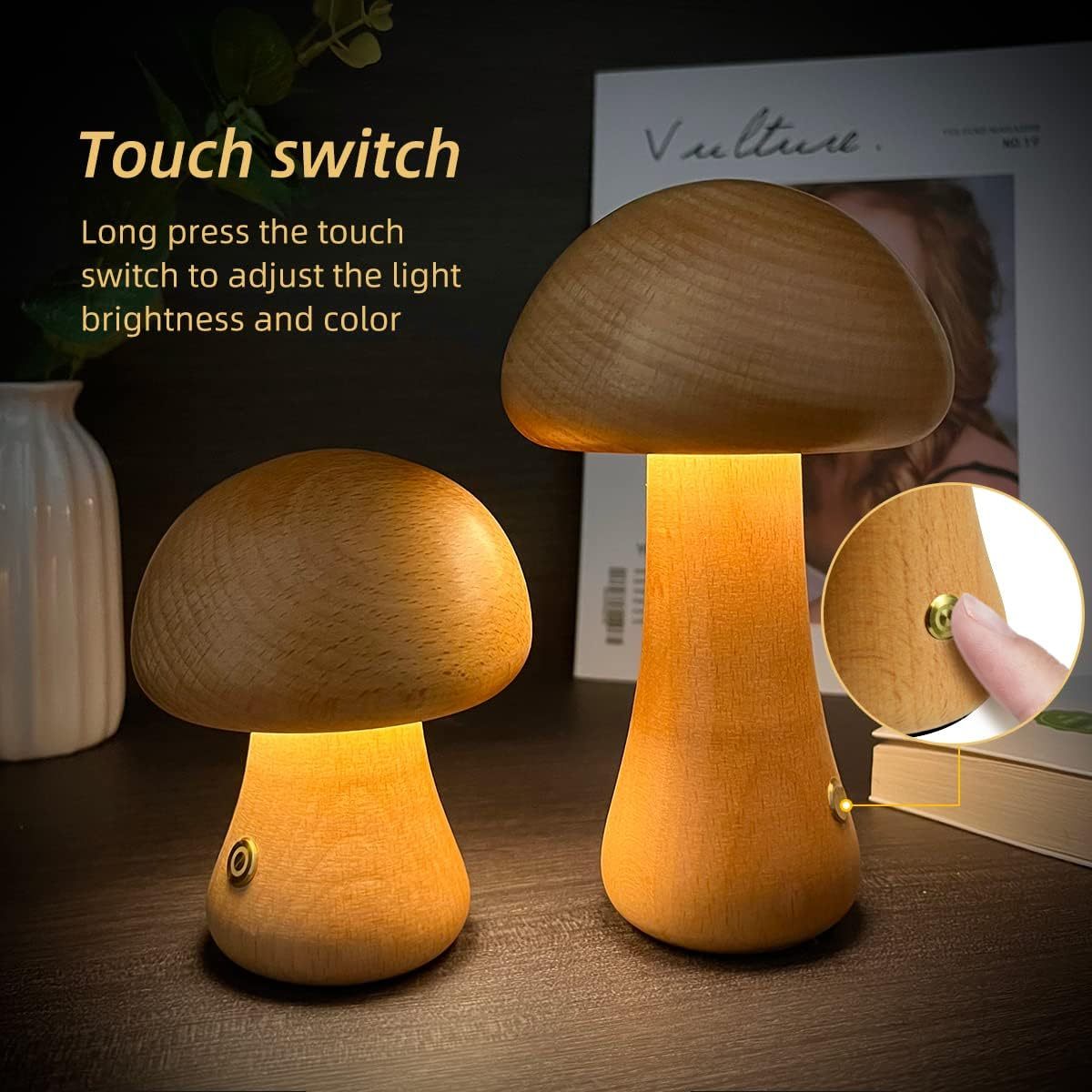 NEW INS Wooden Cute Mushroom LED Night Light With Touch Switch  Bedside Table Lamp For Bedroom Children's Room Sleeping Night Lamps Home Decor