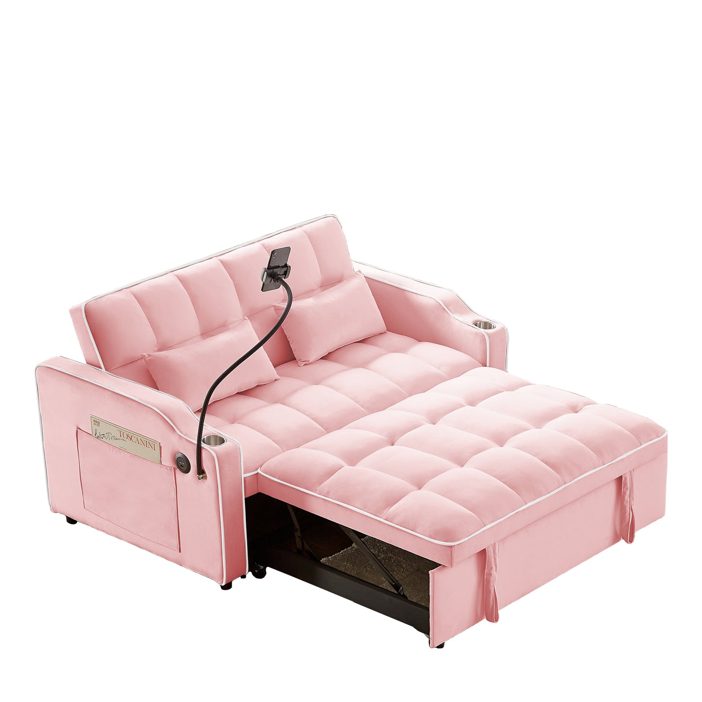 NEW 1 versatile foldable sofa bed in 3 lengths, modern sofa sofa sofa velvet pull-out bed, adjustable back and with USB port and ashtray and swivel phone stand (pink)
