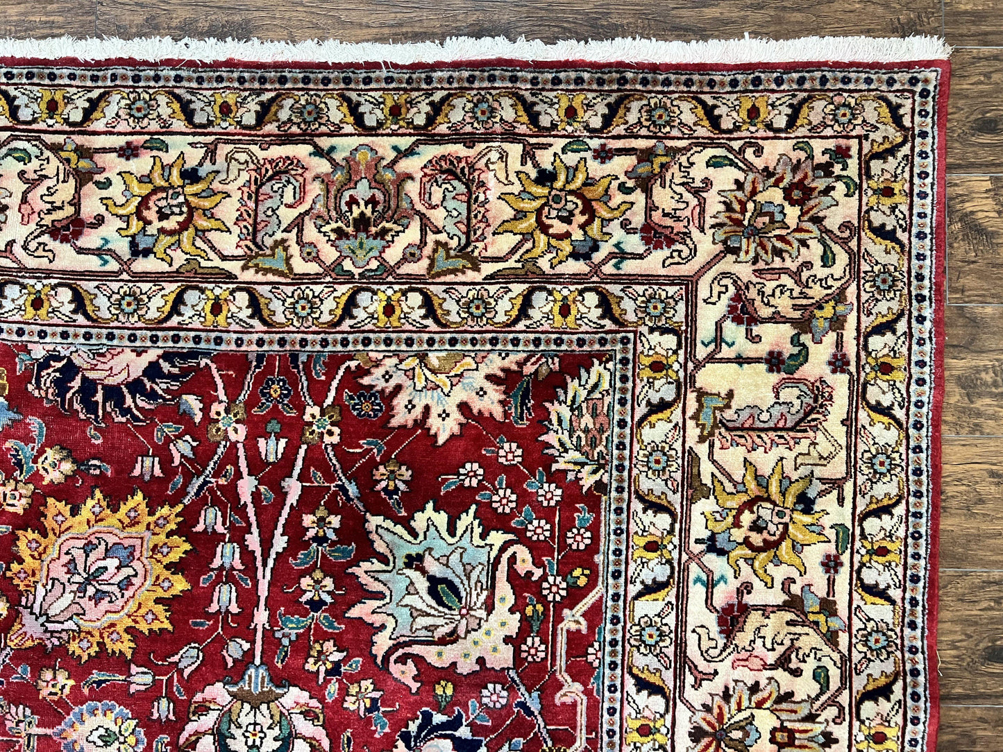 USED Persian Tabriz Rug 10x12, Floral Allover, Handmade Vintage Wool Carpet, Red and Cream