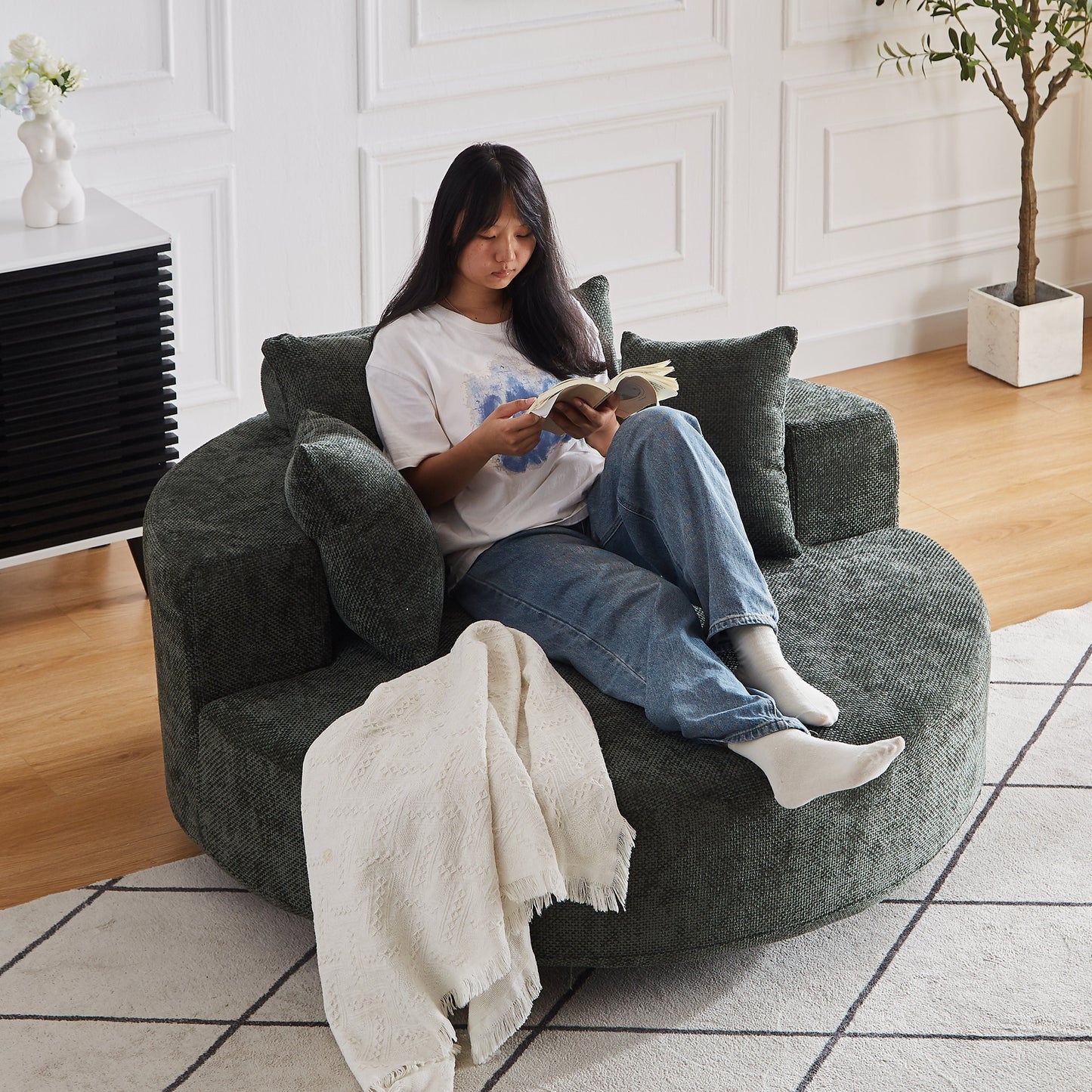 NEW 55''L Chenille Foam Single Swivel Chair, Fluffy Modern Sleeper, 360 Degree Swivel Chair for Living Room, Bedroom, Lounge and Projection Room