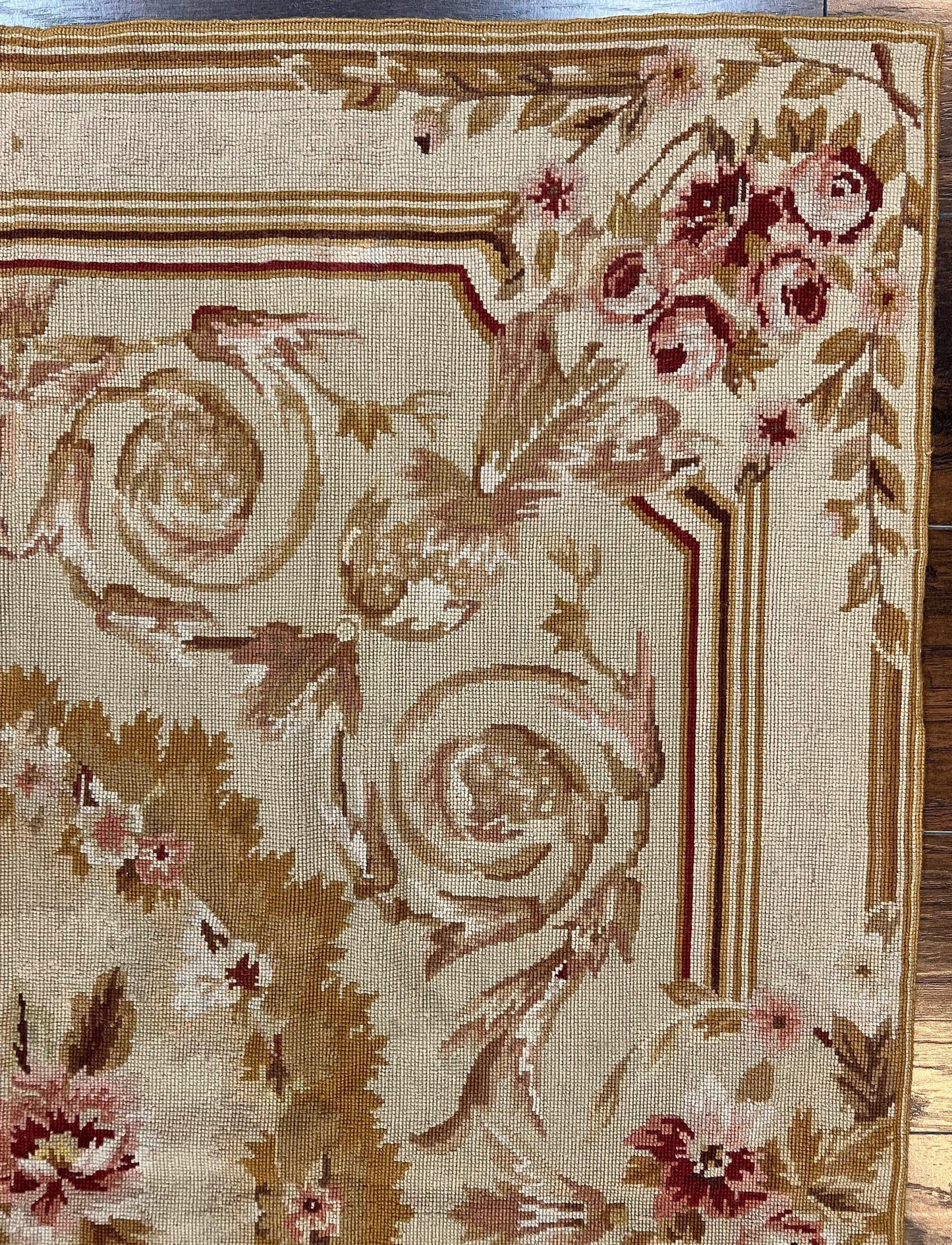 USED Aubusson Needlepoint Rug 4x5 ft, Beige and Tan, Aubusson Savonnerie Vintage Carpet, Handwoven Handmade Wool Rug, European Design Floral Rose
