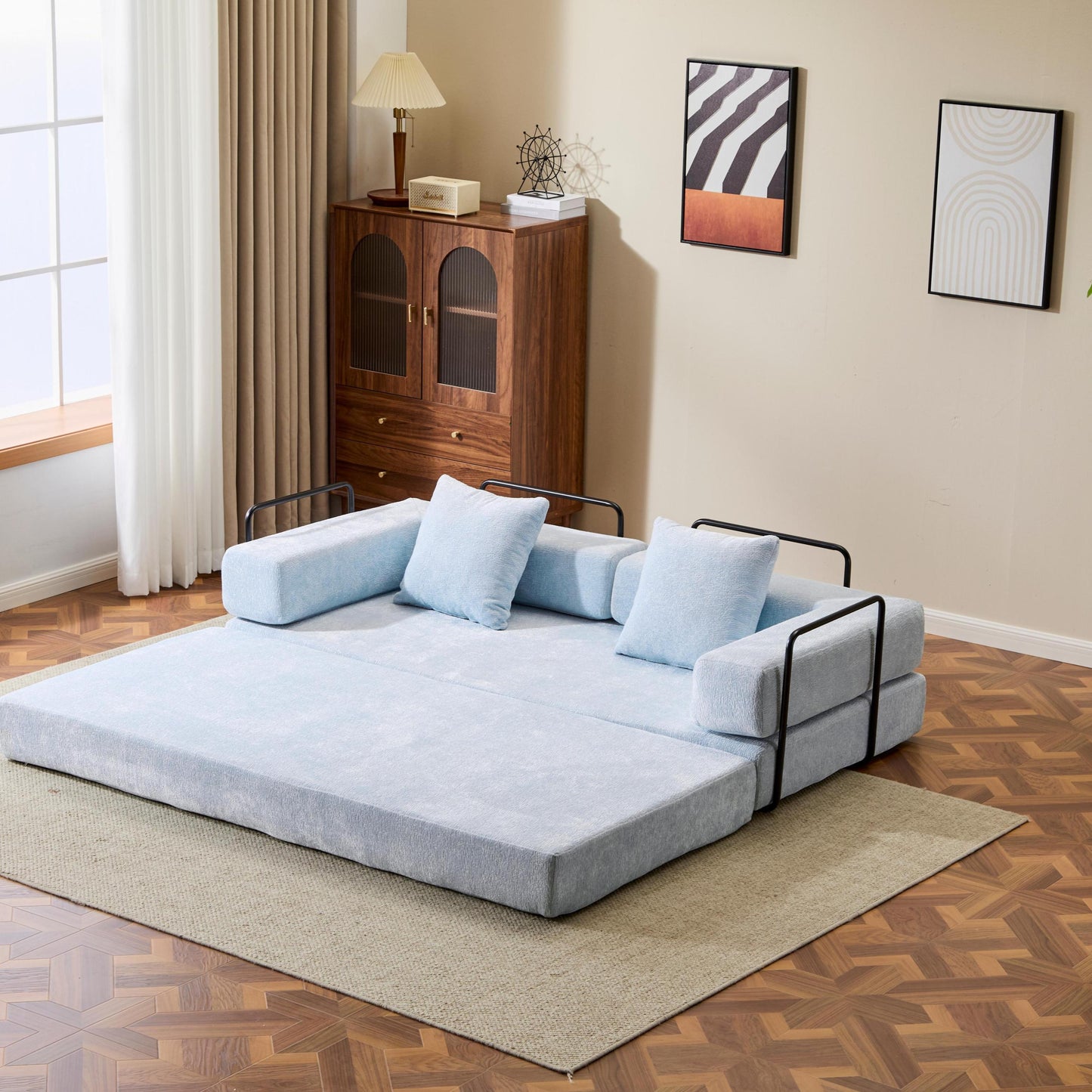 NEW Light Blue Chenille Fabric Floor Couch Compression Convertible Sofa Bed with Pillow Back Support Armrest Comfy Futon Couch Lounge Sleeper Bed