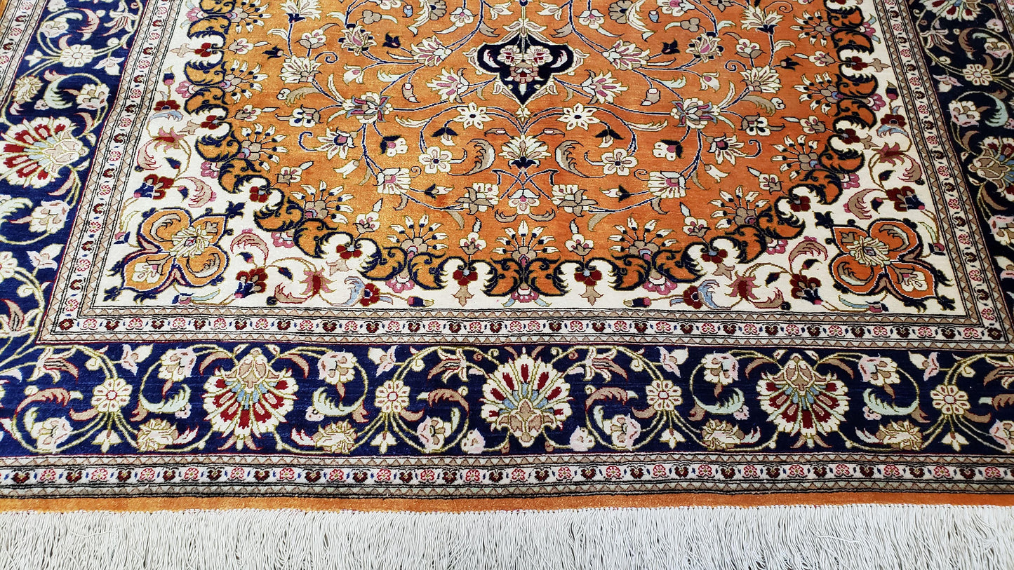 USED Vintage Persian Qum Silk Rug 4.6 x 6.7, Burnt Orange and Navy Blue, Antique Oriental Very Fine Signature Master Weaver 350+ KPSI Ghom Qom 5x7 Rug
