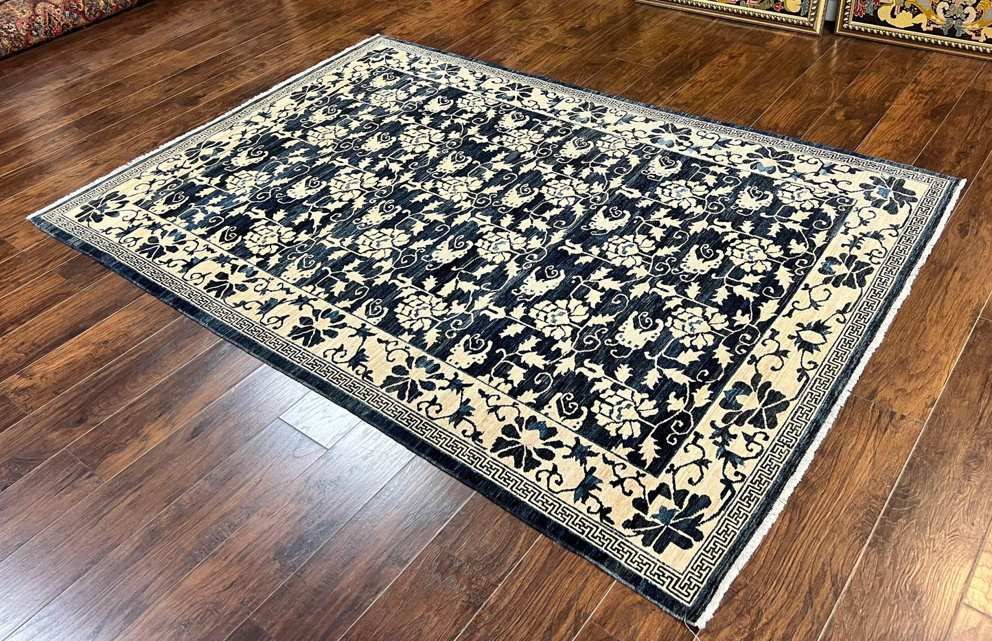 USED Sino Persian Rug 6x9, Hand Knotted Wool Carpet, Floral Allover, Blue Cream-Tan