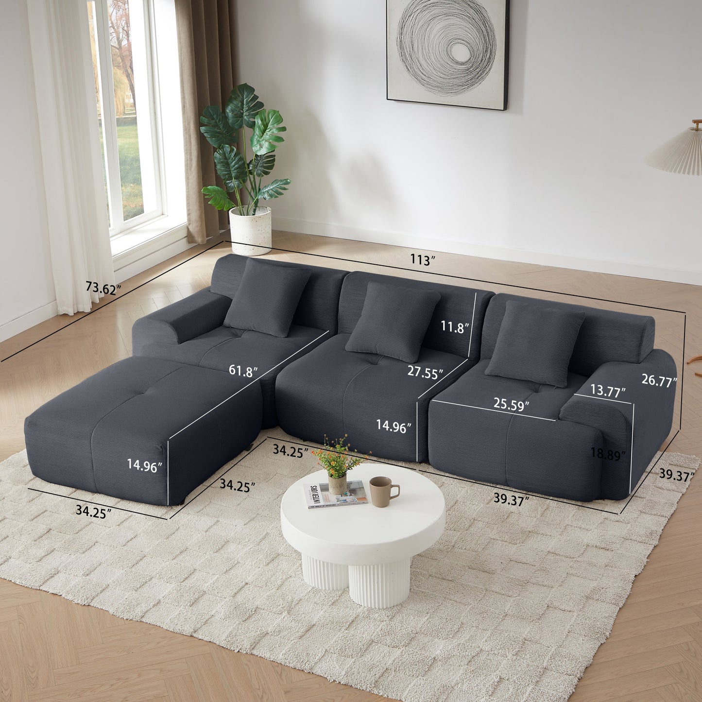 NEW Modern L-Shaped Modular Sectional Sofa with Corduroy Upholstery in Dark Gray, Oversized 3-Seater Couch with Deep Seat and Movable Ottoman – No Assembly Required