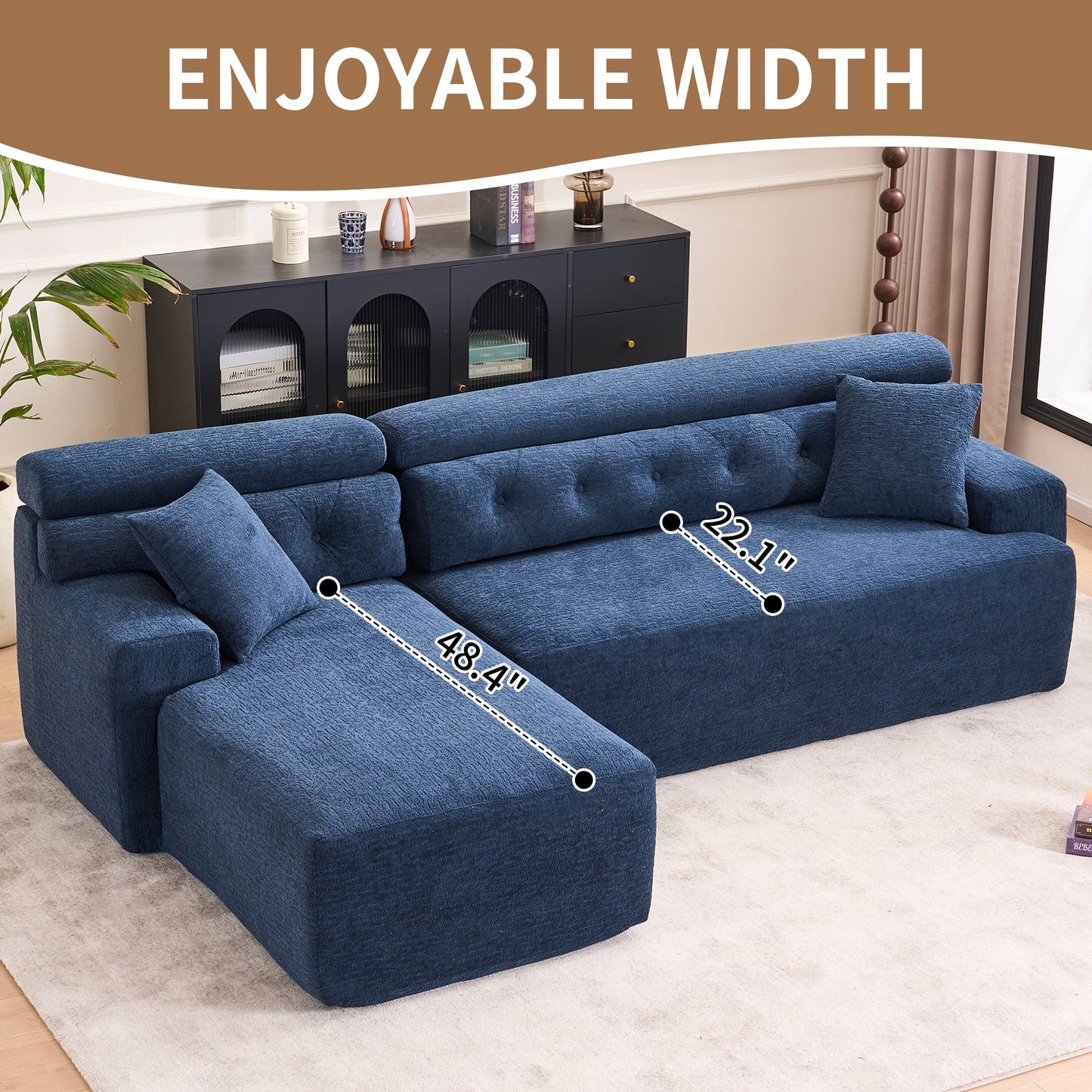 NEW 105'' Blue Cloud Sectional Couch with L-Shape Chaise Modern Modular Deep Seat Boneless Sofa