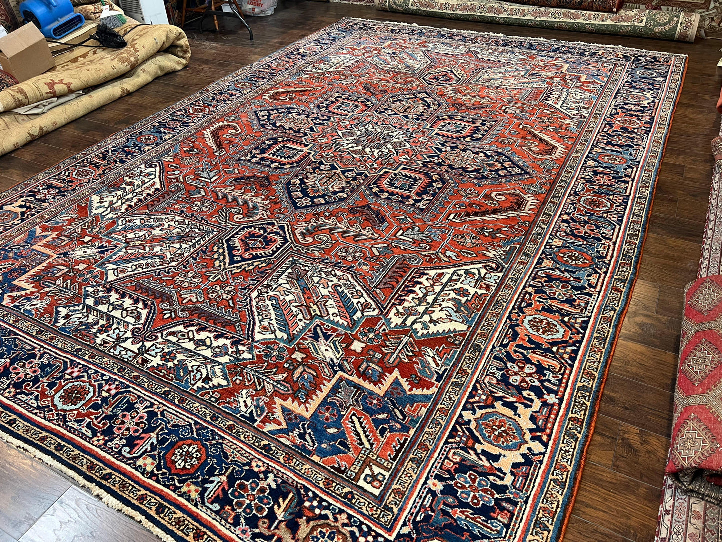 USED Antique Persian Heriz Rug – 11x16 Palace Size, Geometric Medallion, 1920s
