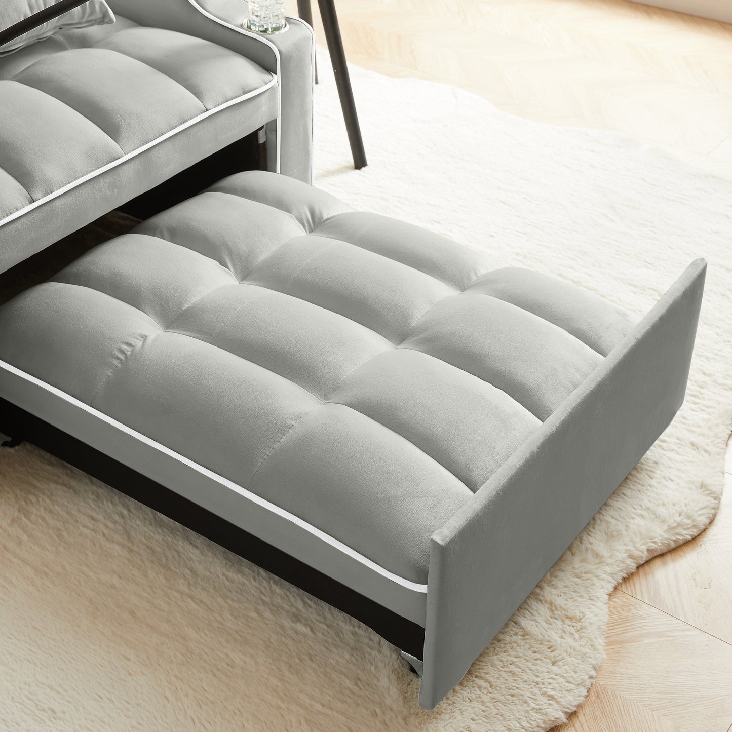 NEW 3-in-1 Grey Velvet Convertible Adjustable Pull Out Sleeper Chair Sofa Bed with Multi-Pockets