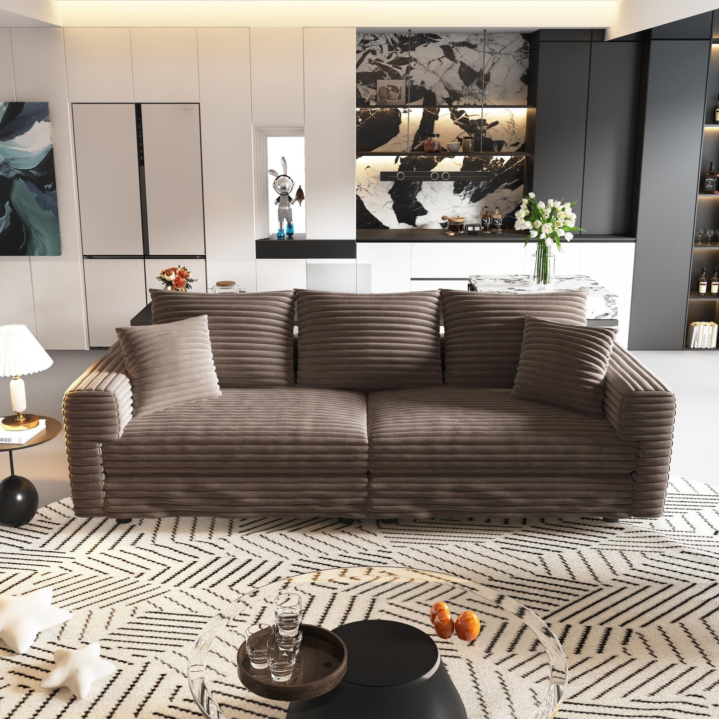 NEW 82.7' Modern Camel Plush Corduroy Comfy Upholstered 3-Seat Sofa Comfy Upholstered Cloud Deep Seat Couch with Soft Pillows and Ottoman