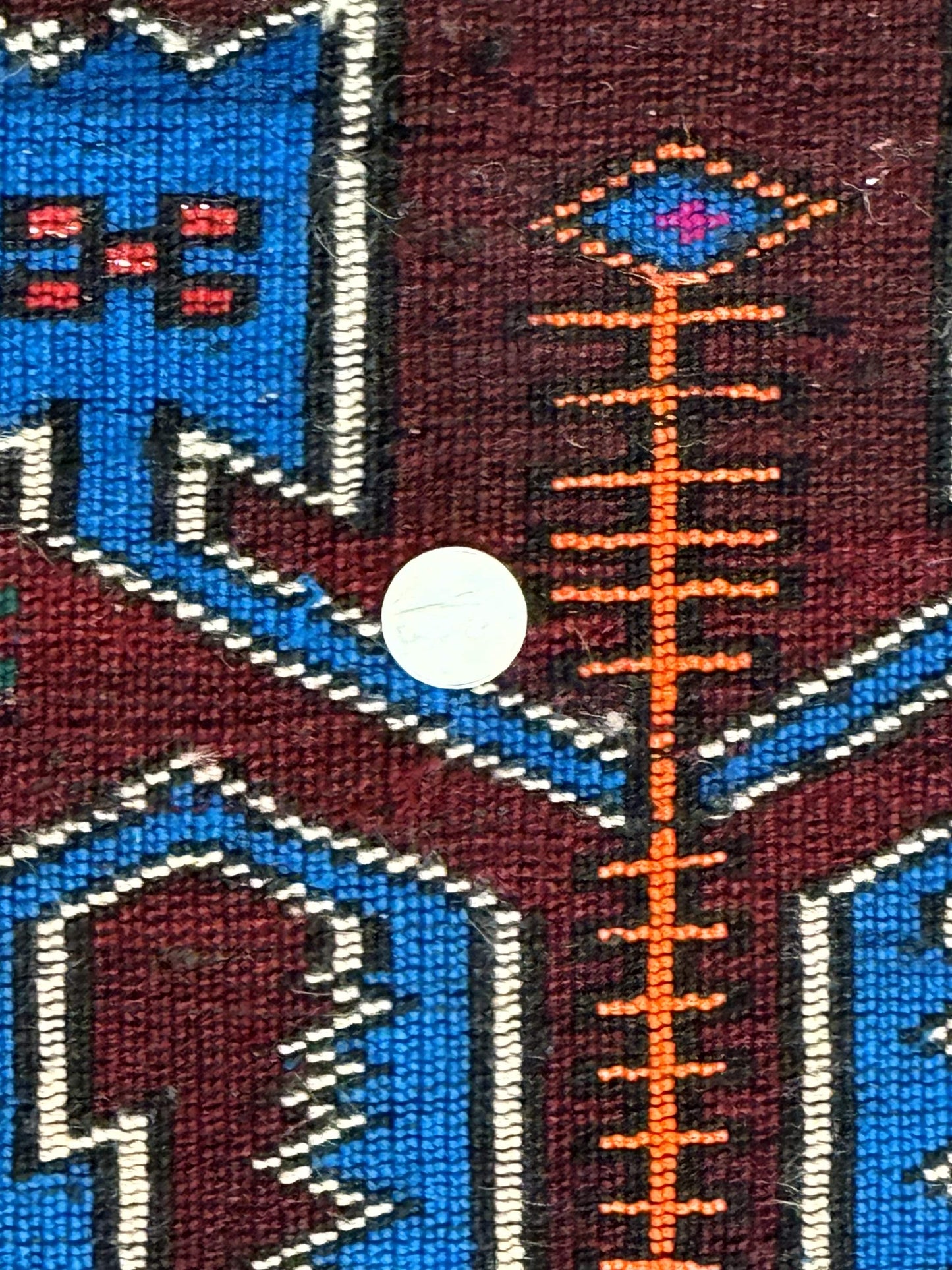 USED Persian Tribal Rug 1.8 x 2, Small Balouchi Rug, Unique Design, Burgundy and Blue