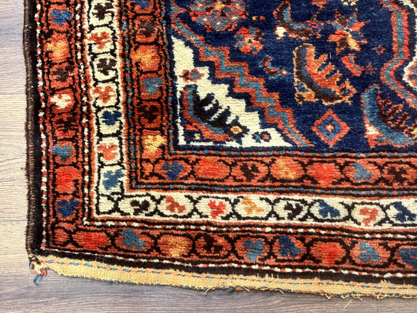 USED Antique Persian Hamadan Rug 4x6, Geometric, Double Medallions, Navy Blue, Tribal Carpet