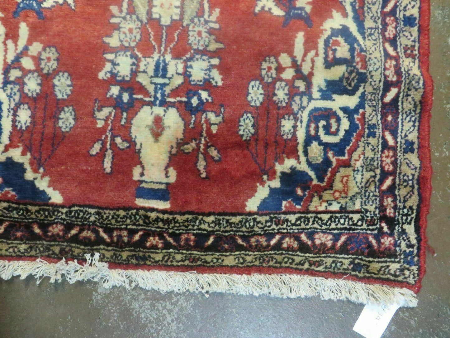 USED Persian Runner Rug 3 x 12, Antique Wool Oriental Runner, Floral Vases, Red & Navy Blue