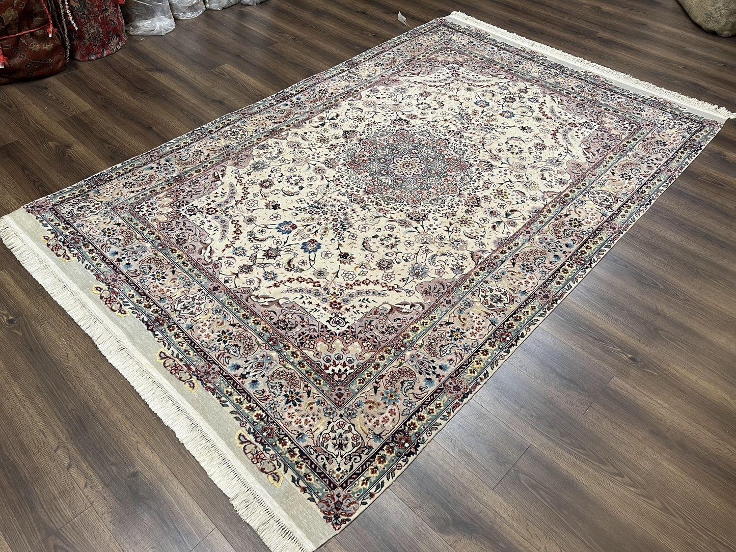 USED Beautiful Pak Persian Rug 6x9, Floral Medallion, Wool and Silk, Highly Detailed Elegant Carpet, Vintage Oriental Rug 6 x 9, Cream and Gray