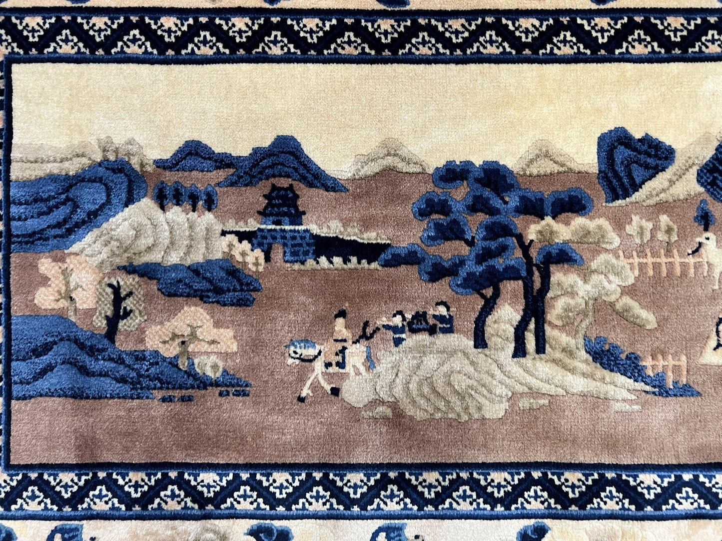 USED Antique Chinese Pictorial Rug 2.7 x 5, Chinese Village and Hills Carpet, Beige and Dark Blue, Handmade, Horizontal Rug Wall Hanging Tapestry