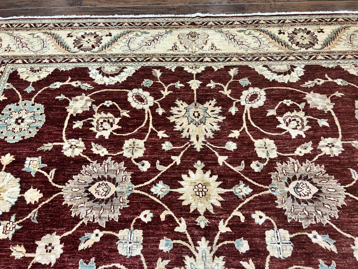 USED Peshawar Rug 9x11, Pakistani Oriental Carpet, Maroon and Beige, Floral Allover, Wool Hand Knotted Handmade Vintage Rug