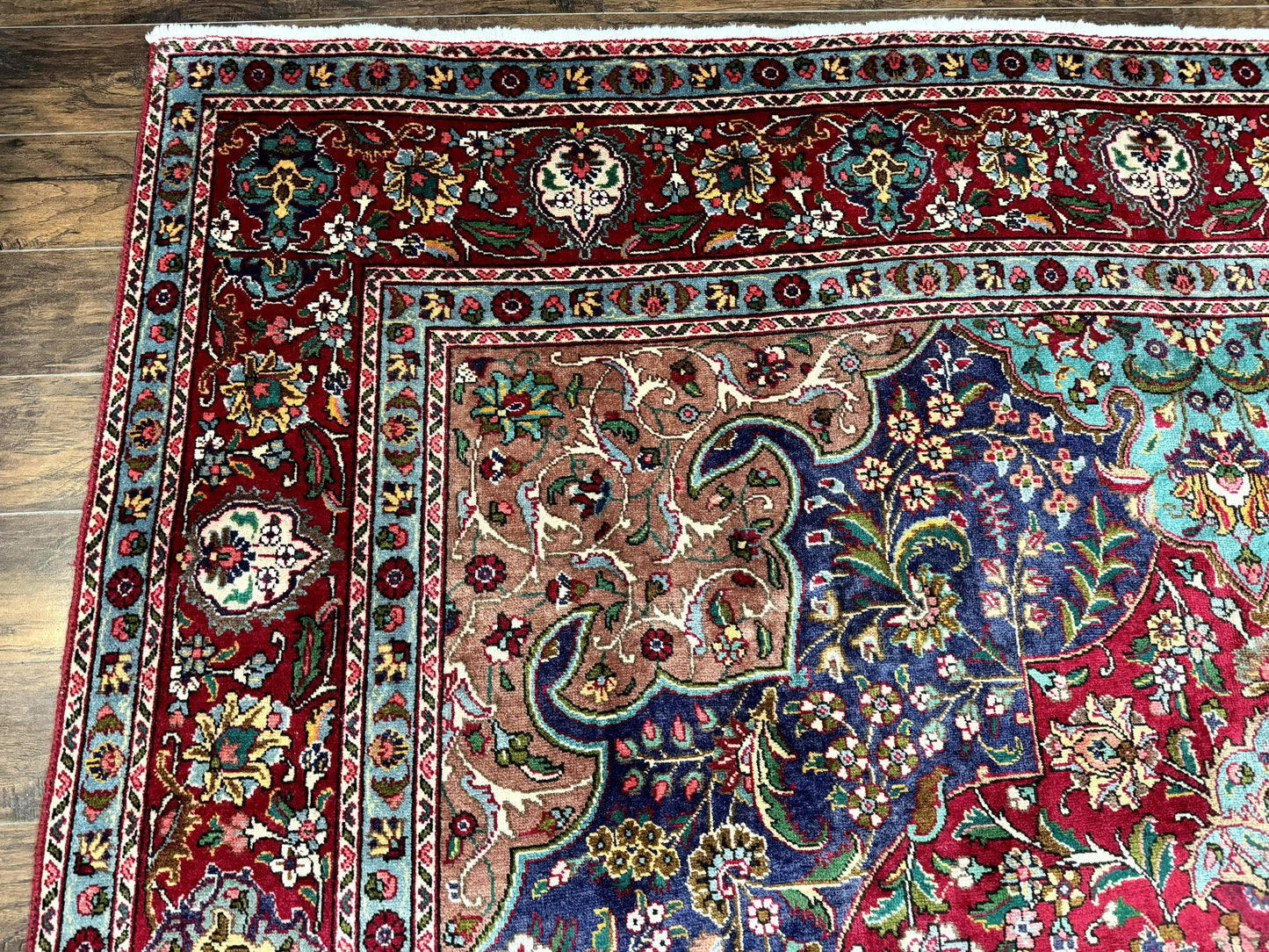 USED Wonderful Persian Tabriz Rug 10x14, Antique Persian Carpet, Handmade Wool Rug, Floral Medallion, Red Navy Blue, Colorful, Large Persian Area Rug