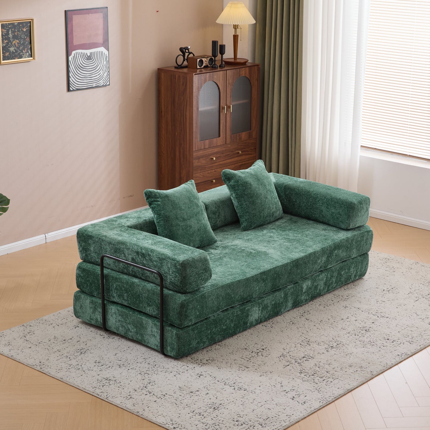 NEW Dark Green Chenille Fabric Floor Compression Convertible Sofa Bed
