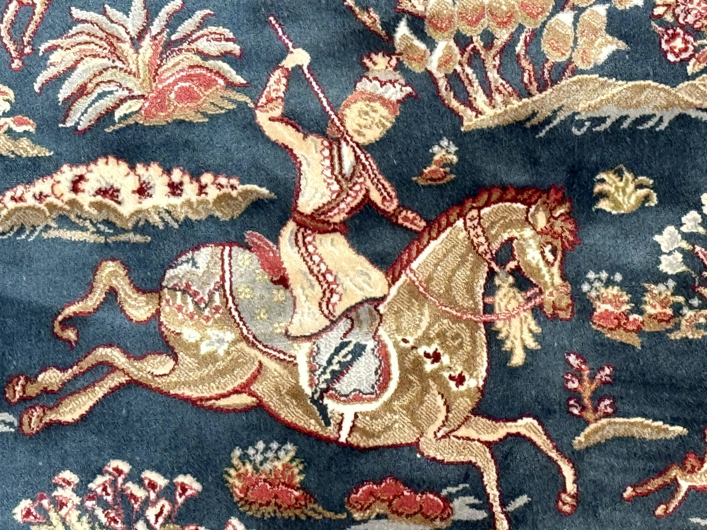 NEW Turkish Silk Hunting Design Rug 4x6, Dark Steel Blue & Ivory, Bamboo Silk