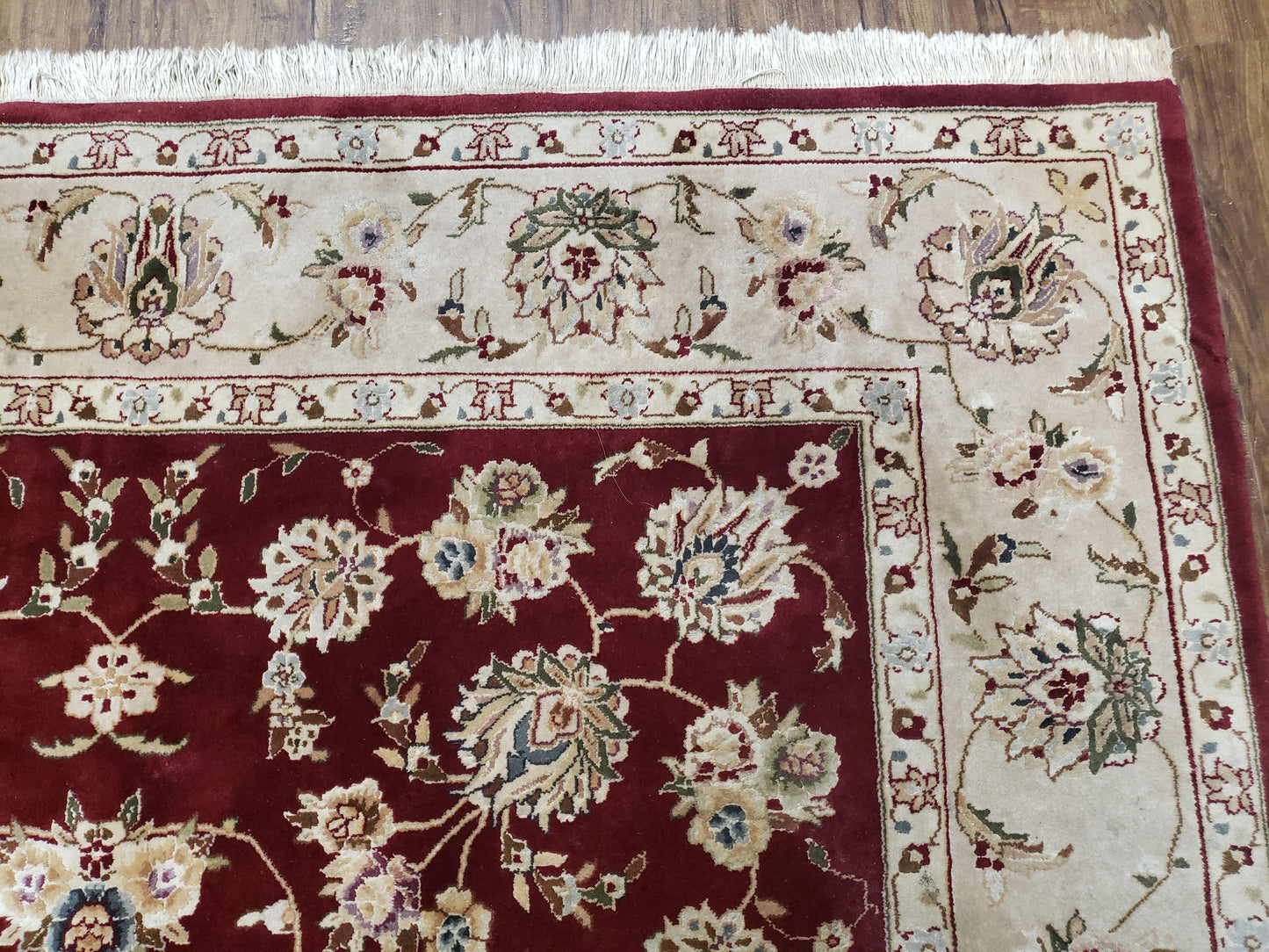 USED Vintage Traditional Oriental Area Rug, Hand-Knotted, Wool & Silk Accents, Maroon Red and Beige, 6x9 Carpet, 5' 9" x 9'