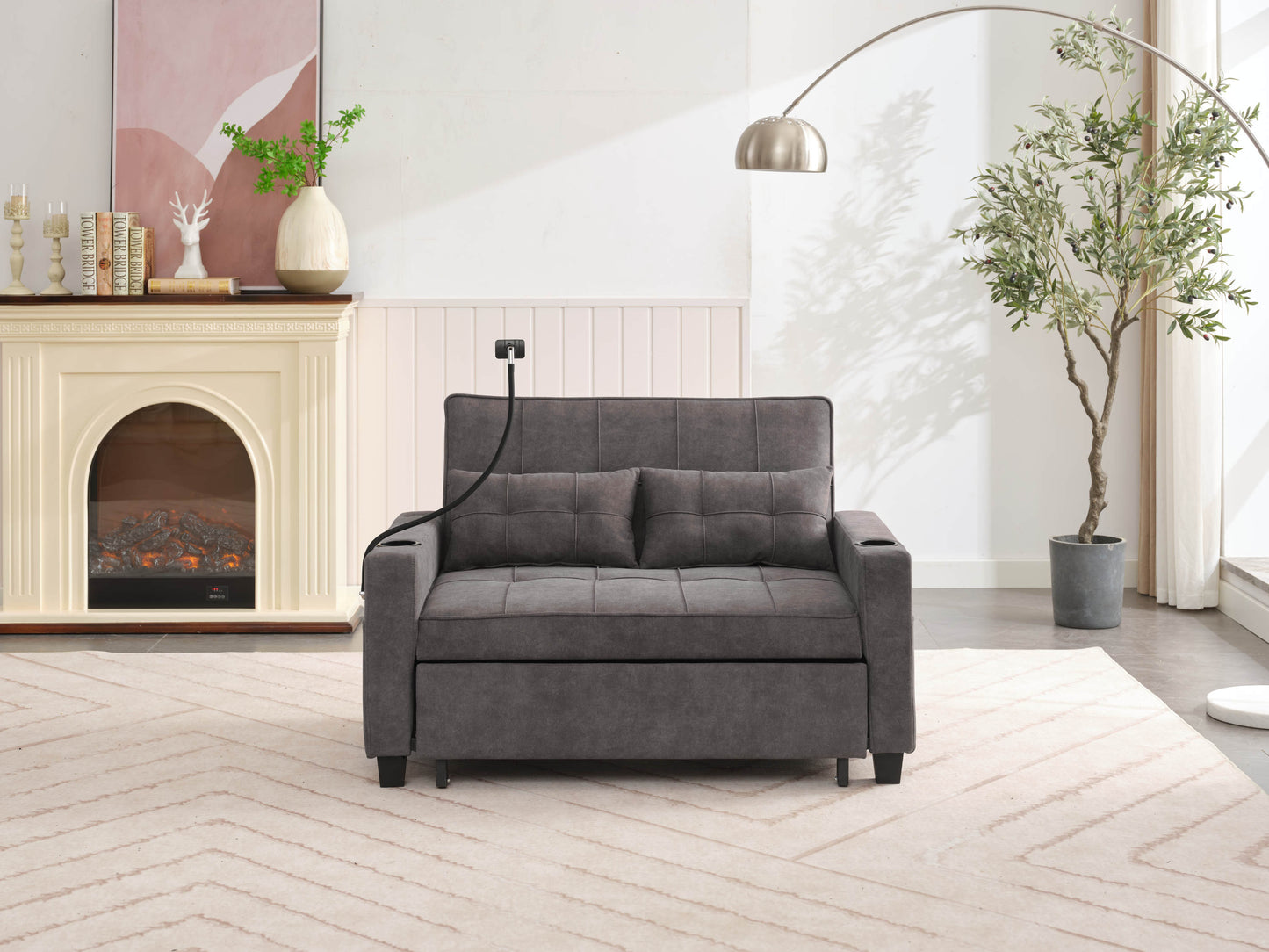 NEW Dark Grey Cloth Fabric 2 Seater Loveseat Recliner Sofa Bed with Adjustable Backrest USB and Cupholders