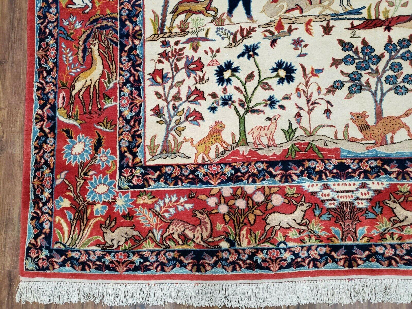 USED Antique Persian Isfahan Rug 5x7, Animal and Human Pictorials, Hand Knotted Fine Oriental Wool Carpet, Cream and Red, High KPSI, Vintage Rug 5 x 7 ft