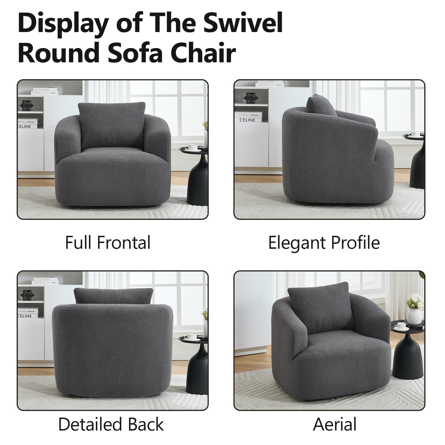 NEW 360° Swivel Round Upholstered Comfy Chair With One Soft Pillow, Teddy Fleece High-Resilience Sponge Single Sofa, No Assembly for Living Room, Bedroom, Apartment, Dark Grey.