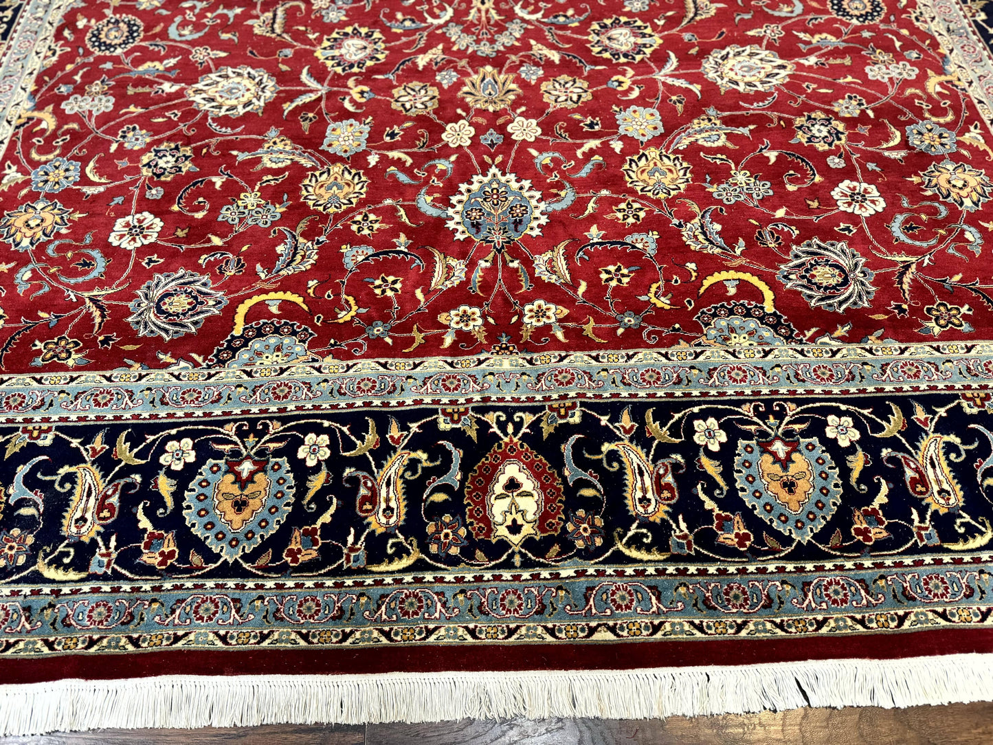 USED Pak Persian Rug 9x12, Red and Navy Blue, Floral Allover, Hand Knotted Vintage Wool Carpet, Fine 260 KPSI