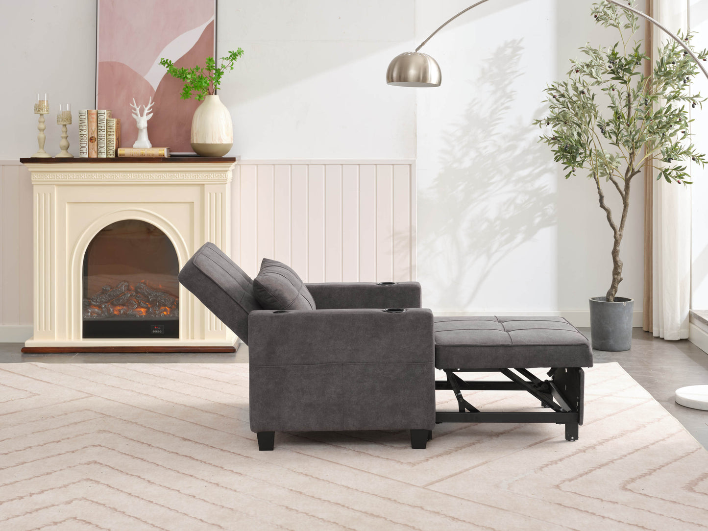 NEW Dark Grey Futon Bed Convertible Chair 3-in-1 Pull Out Sleeper Sofa with USB Ports