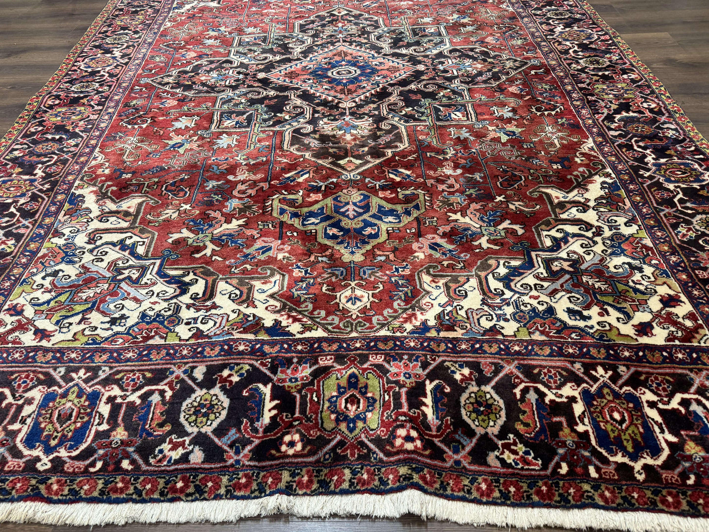 USED Antique Persian Heriz Rug 8x11, Geometric Tribal Wool Carpet, Brick Red