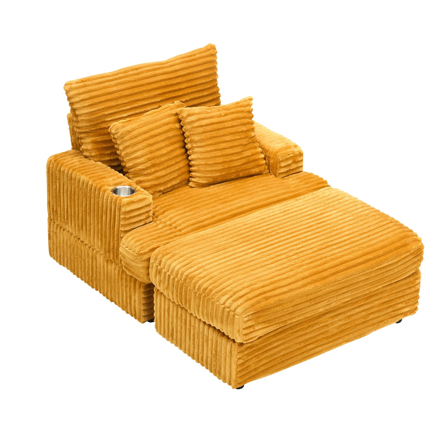 NEW 39-inch Corduroy Fabric Spring Upholstered Comfortable Single Sofa Armchair and Ottoman Set with Cup Holder