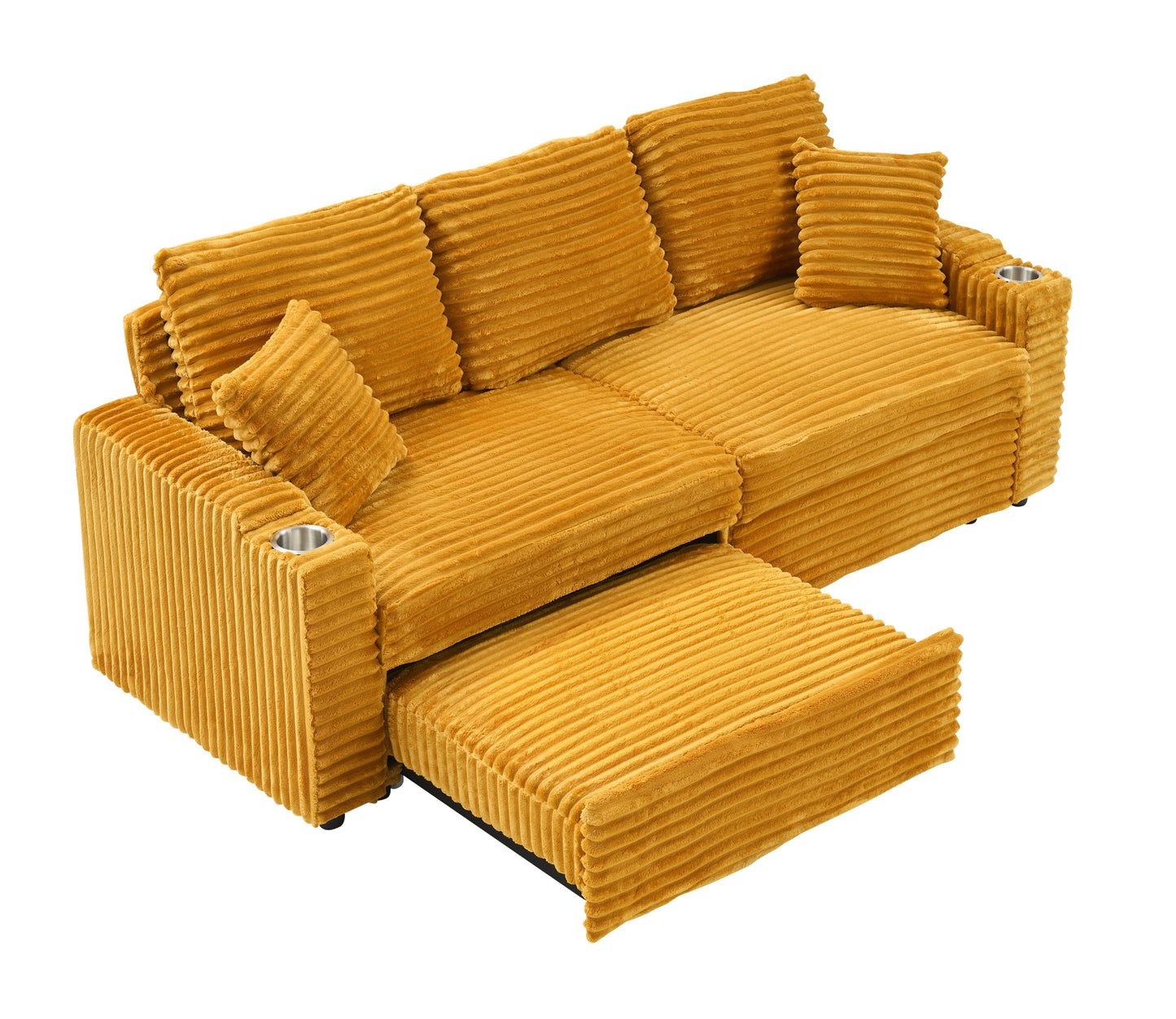 NEW Orange Corduroy Fabric 80 inch Two-in-One Pull-Out Sofa Foldable and Hidden Reclining Function