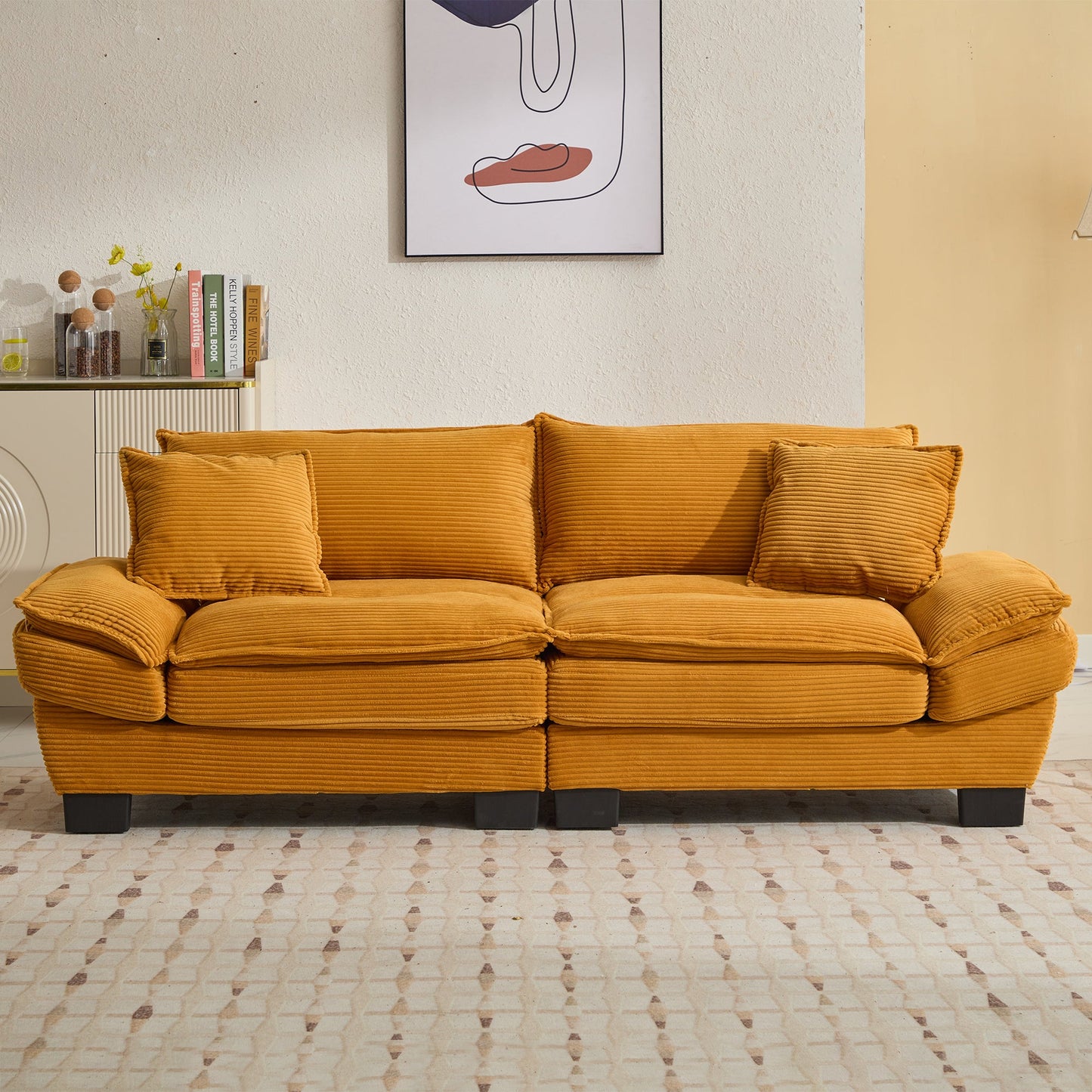 NEW Comfy Upholstered Deep Seat Yellow Corduroy Sleeper Couch Loveseat Sofa with Pillows