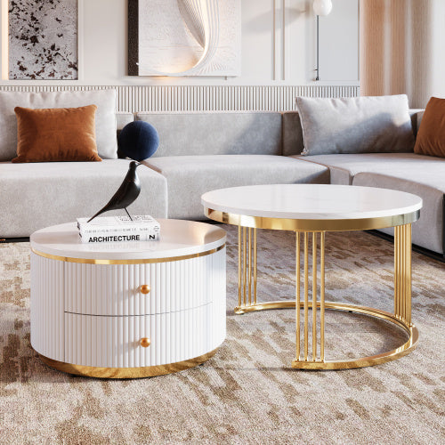 NEW Modern 2-piece White Circular Nested Coffee Table With Drawers, 27.6 Inches