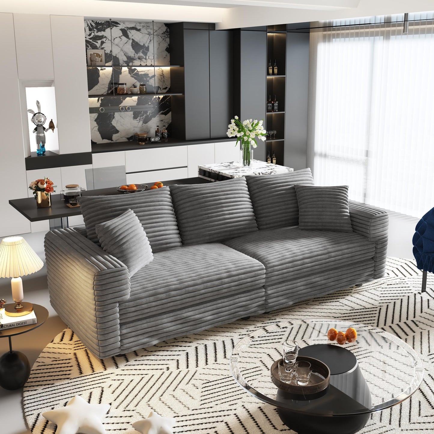 NEW Luxury Comfort Grey Plush Corduroy Fabric U Shaped Sectional Multi-functional Sofa Couch