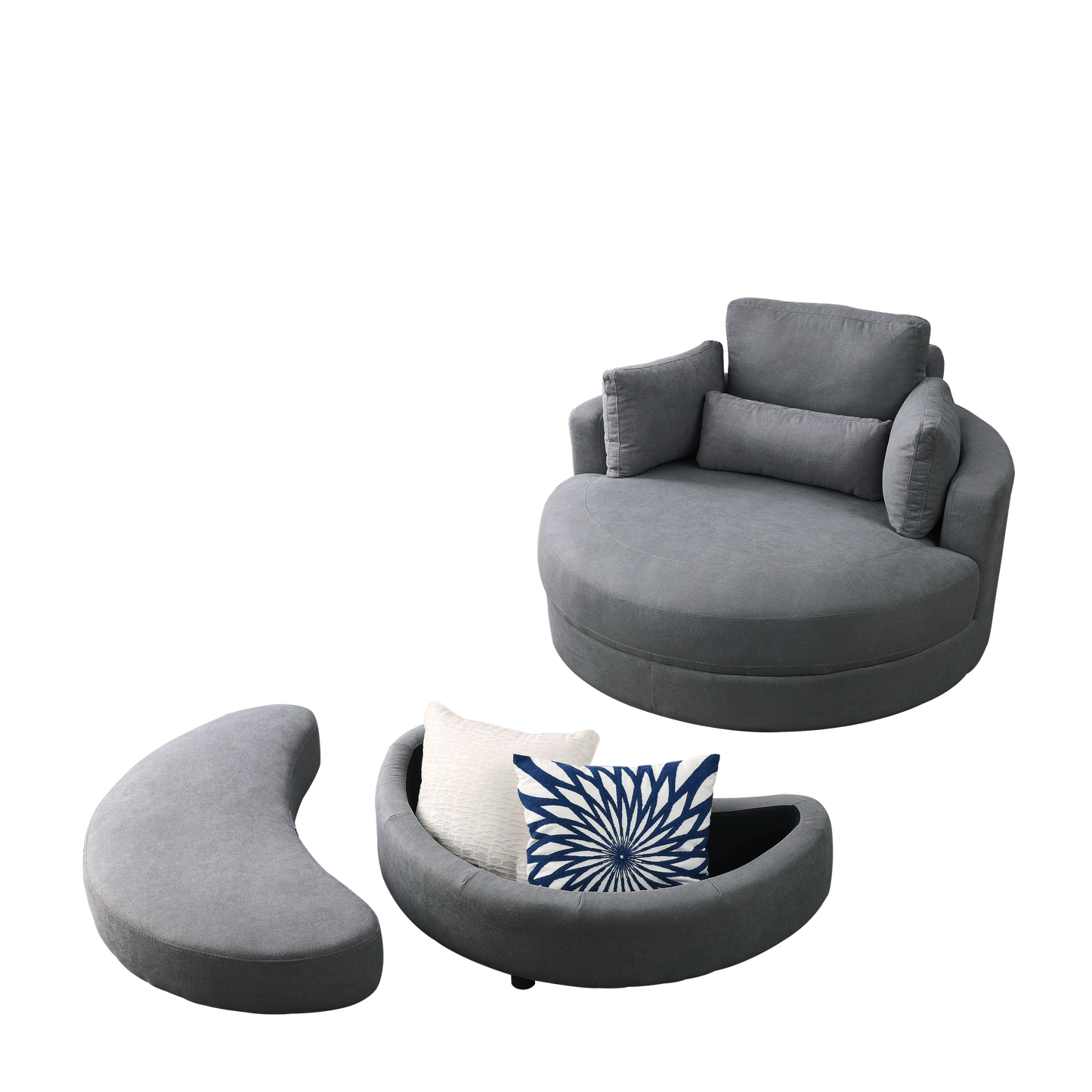 NEW Welike Swivel Accent Barrel Modern Dark Grey Sofa Lounge Club Big Round Chair with Storage Ottoman and Pillows