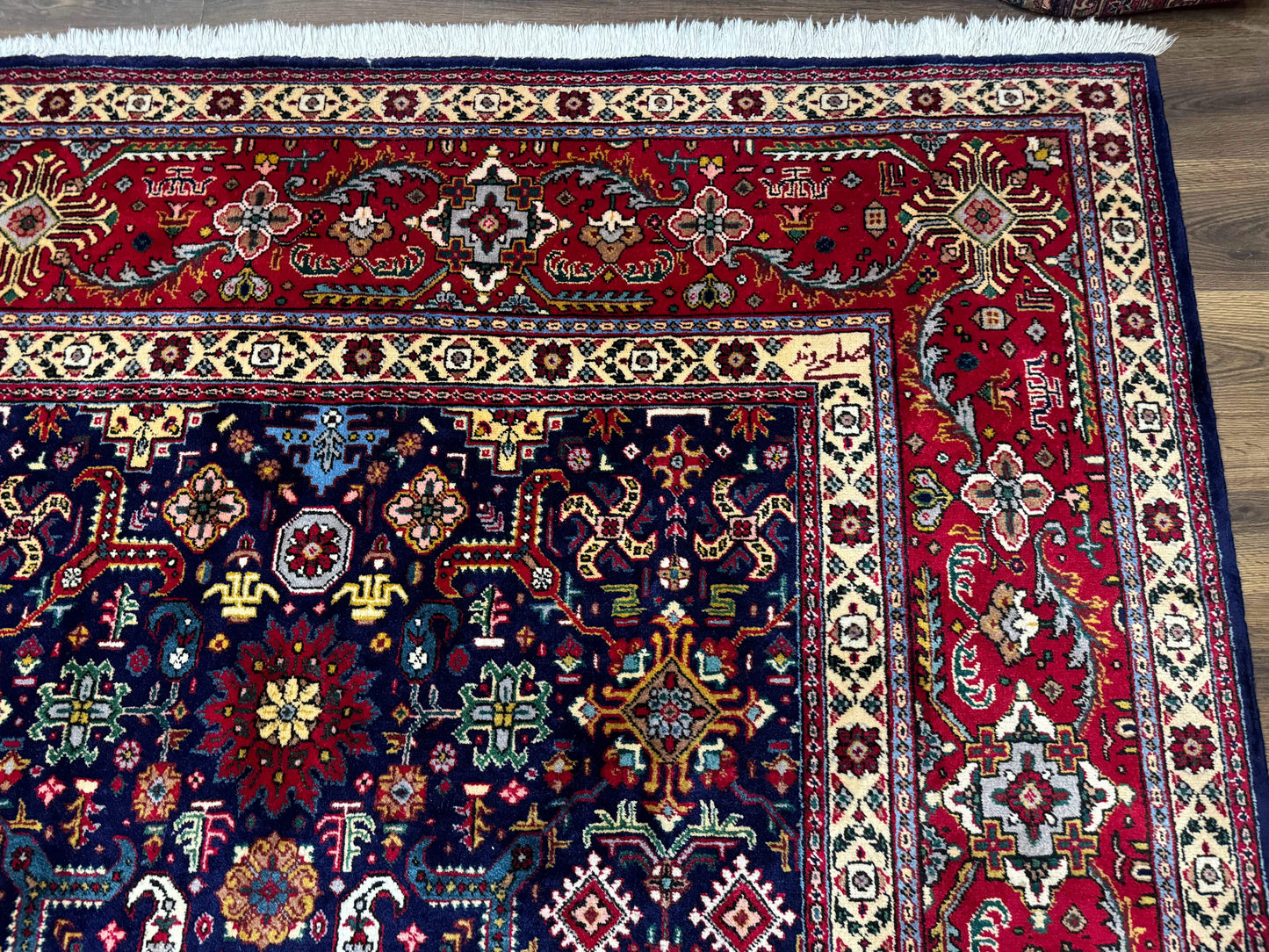 USED Large Persian Tabriz Rug 10x16, Navy Blue and Red, Allover Pattern, Vintage Hand Knotted Wool Carpet