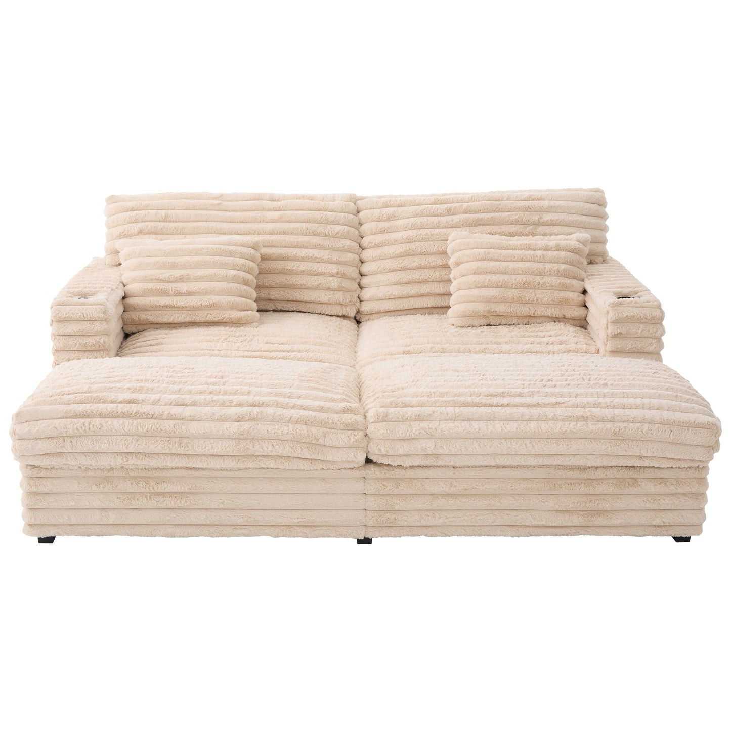 NEW Plush Champagne Faux Rabbit Fur Upholstered Oversized Double Chaise Lounge Sofa with USB Ports and Cup Holders