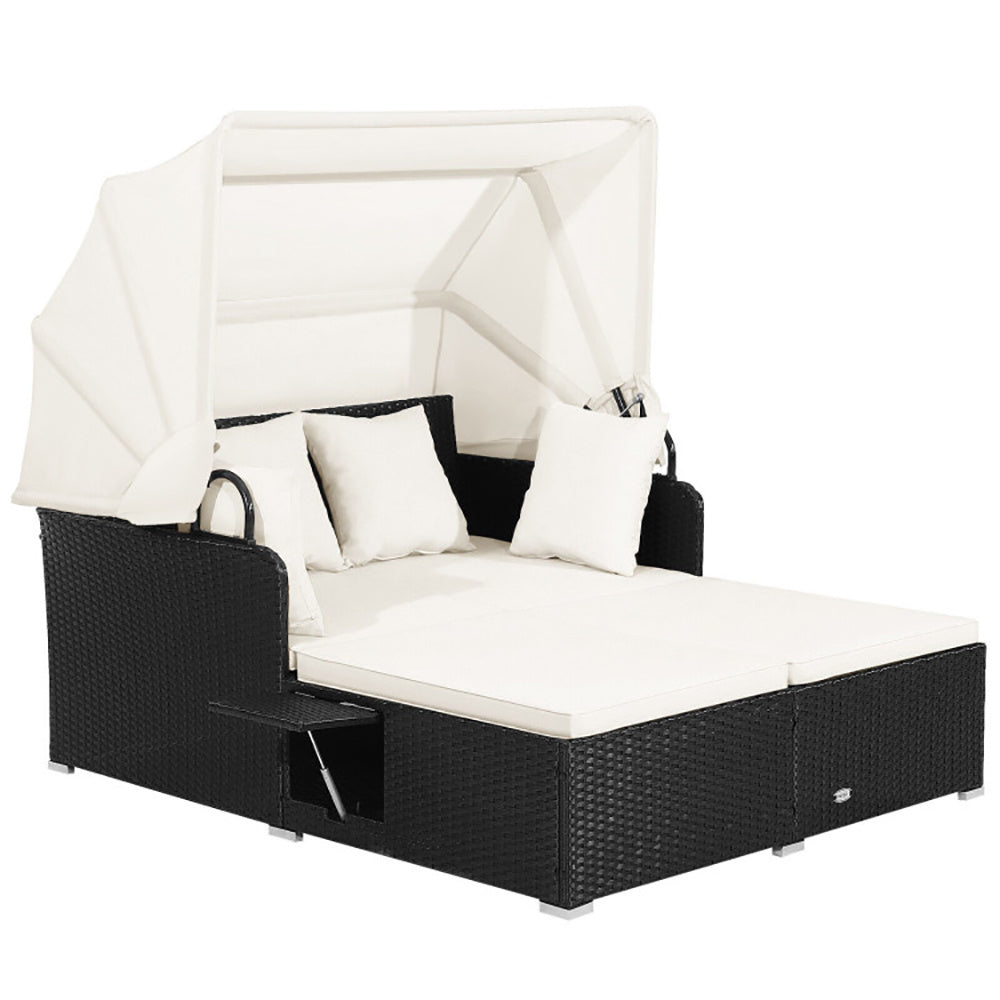 NEW Outdoor Patio Rattan Wicker Daybed With Retractable Canopy And Side Tables