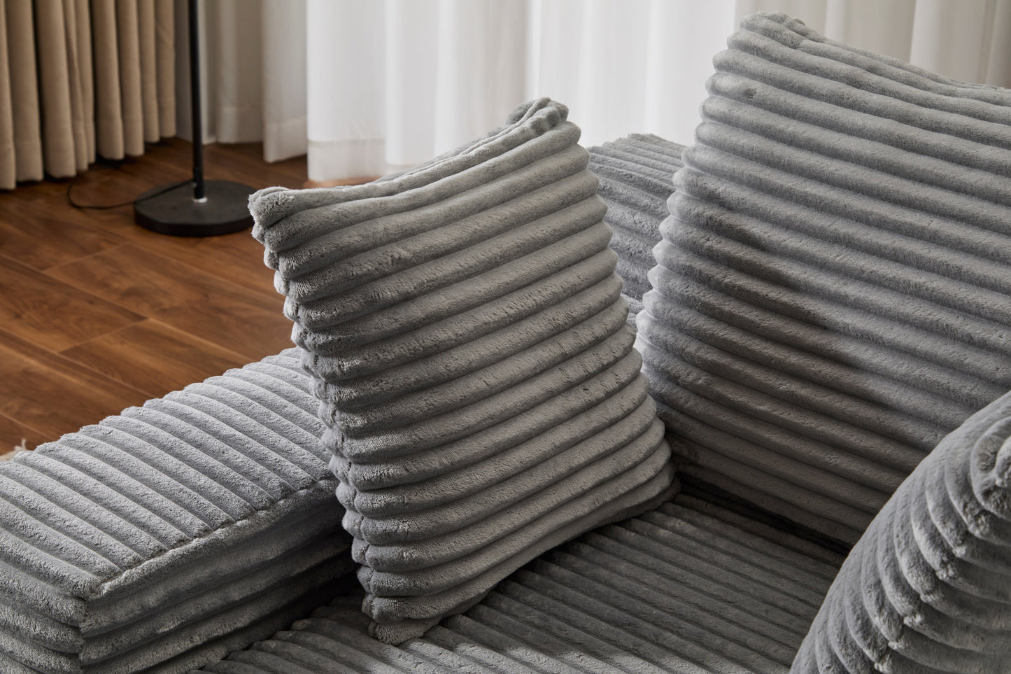 NEW Grey Oversized Chaise Lounge Chair Cozy Cloud Couch Modern Plush Corduroy Upholstered Sleeper Sofa Daybed with 3 Throw Pillows and Wide Armrest