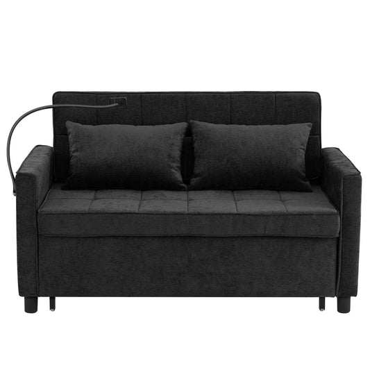 NEW Contemporary 56.9' Loveseat Sofa Bed Sleeper with Reversible Backrest, Side Pockets, USB Ports, Phone Holder, Black Chenille