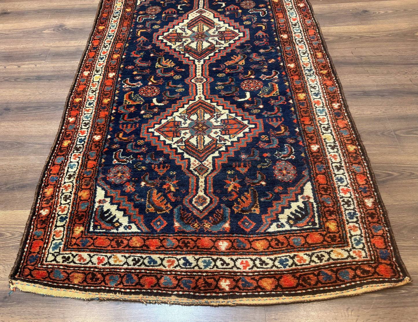 USED Antique Persian Hamadan Rug 4x6, Geometric, Double Medallions, Navy Blue, Tribal Carpet