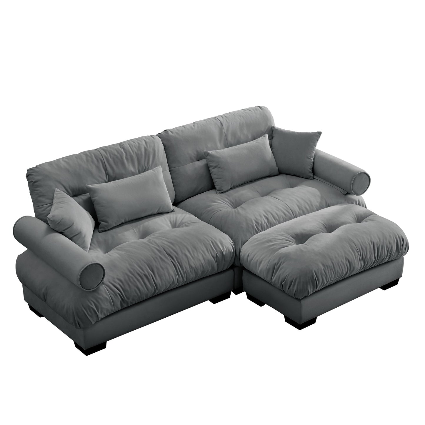 NEW Modern Grey Velvet Two-Seater Sofa with Ottoman and Round Bolster Armrests L Shape