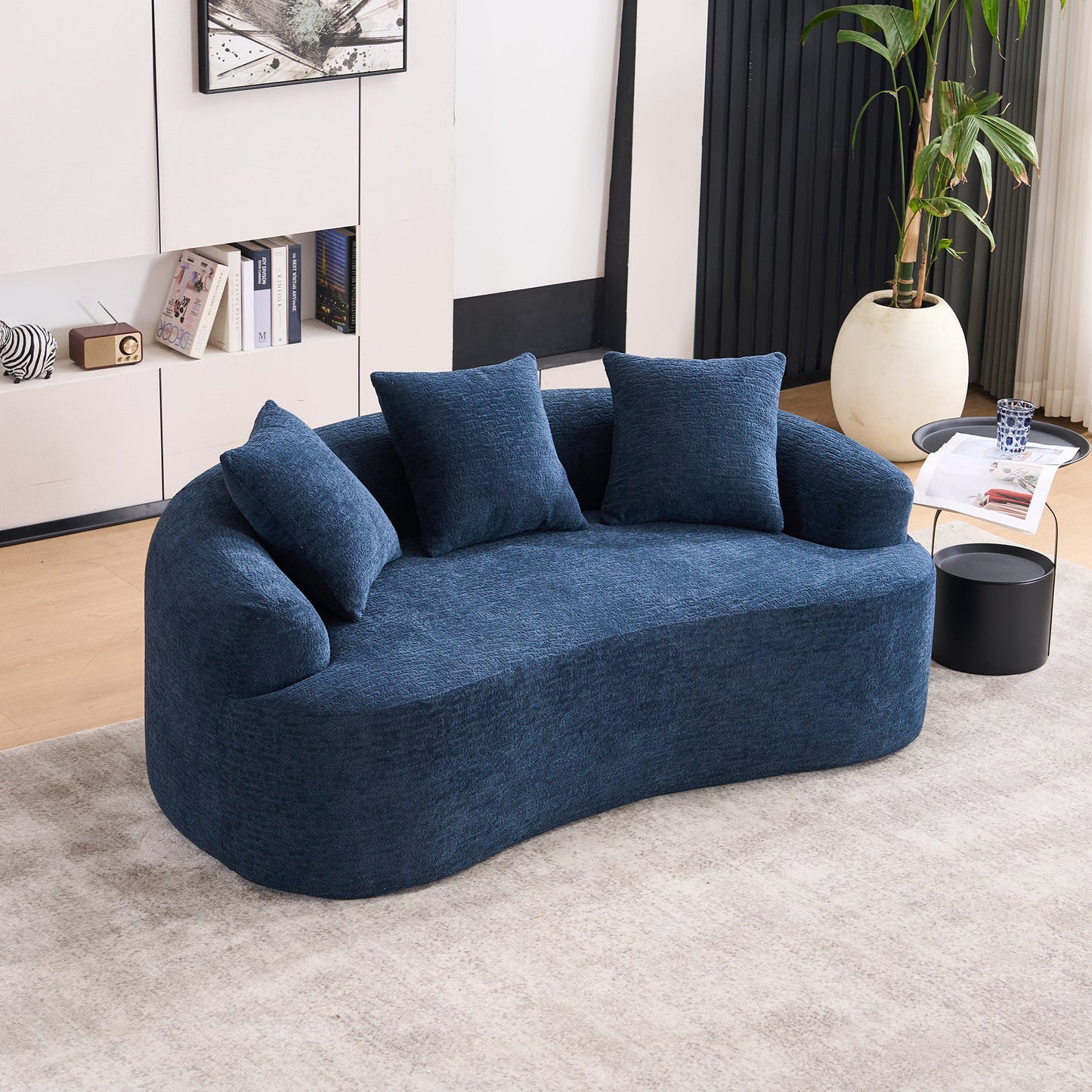 NEW LY-025S Chenille  Curved Loveseat Blue Full Compression Sponge Sofa with 3 Pillows