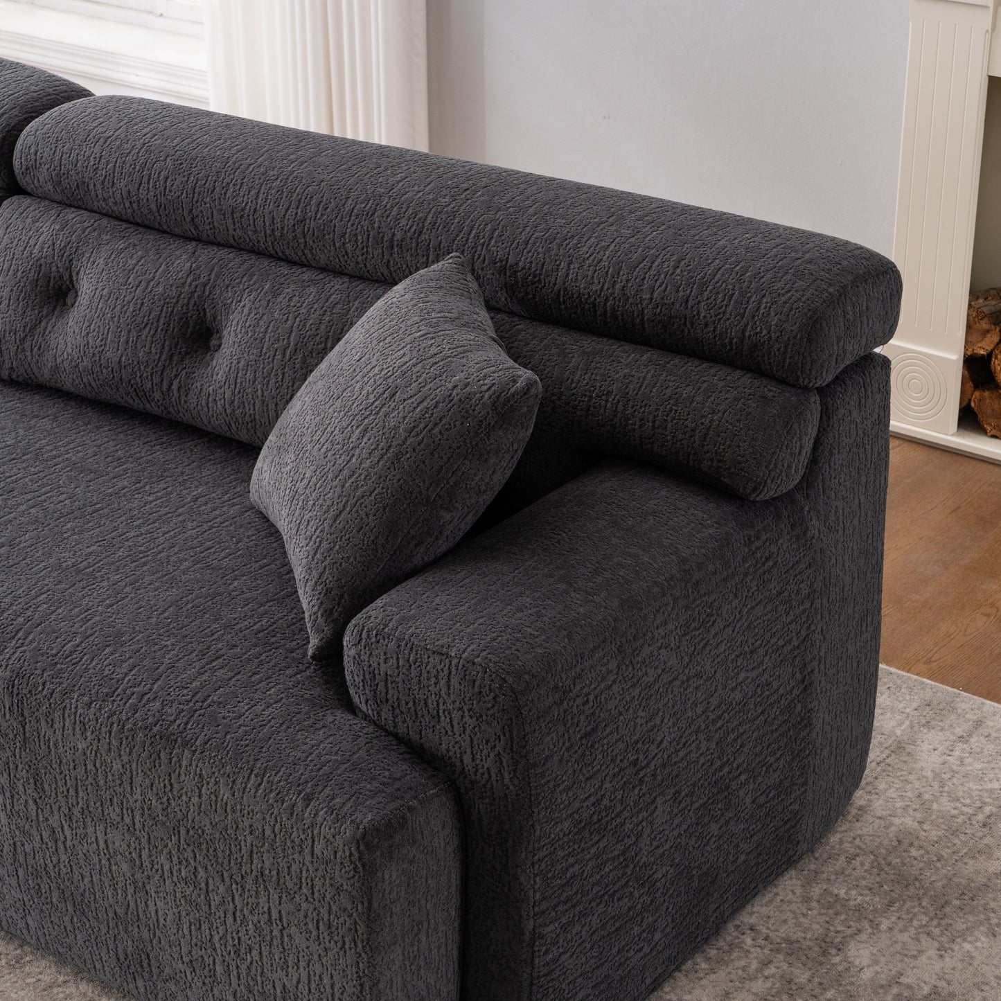 NEW LY-029 Gray 4-Seater Wood Grain Chenille Fabric Full Sponge Compression Sofa with 2 Pillows