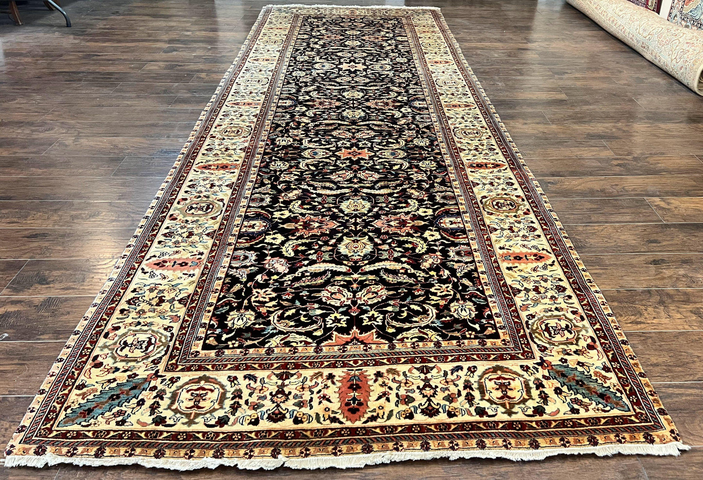 USED Indo Persian Rug 5x15, Wide Runner Rug 5 x 15 ft, Wool Hand Knotted Vintage Carpet, Black & Cream, Floral Allover Long Oriental Rug