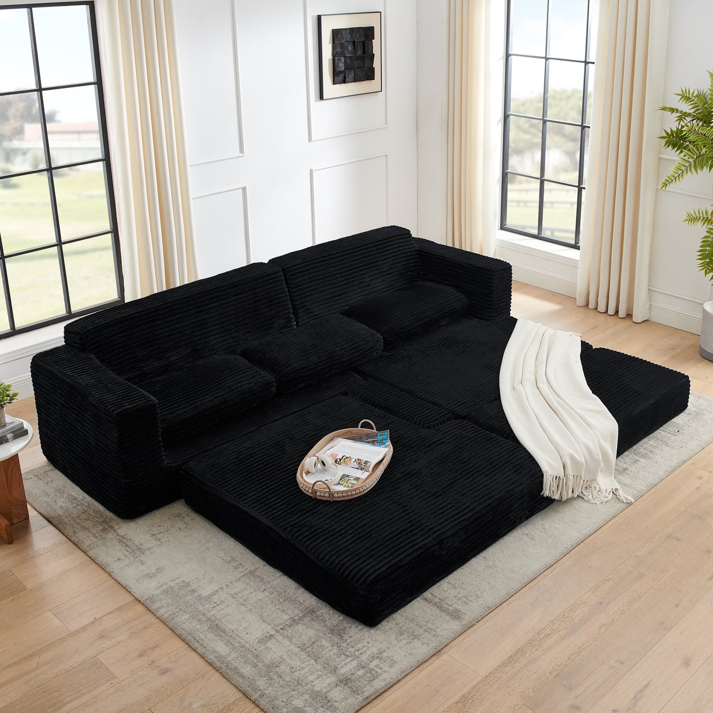 NEW Modern Minimalist L-Shape Modular Sectional Sofa Bed with Corduroy Fabric in Black